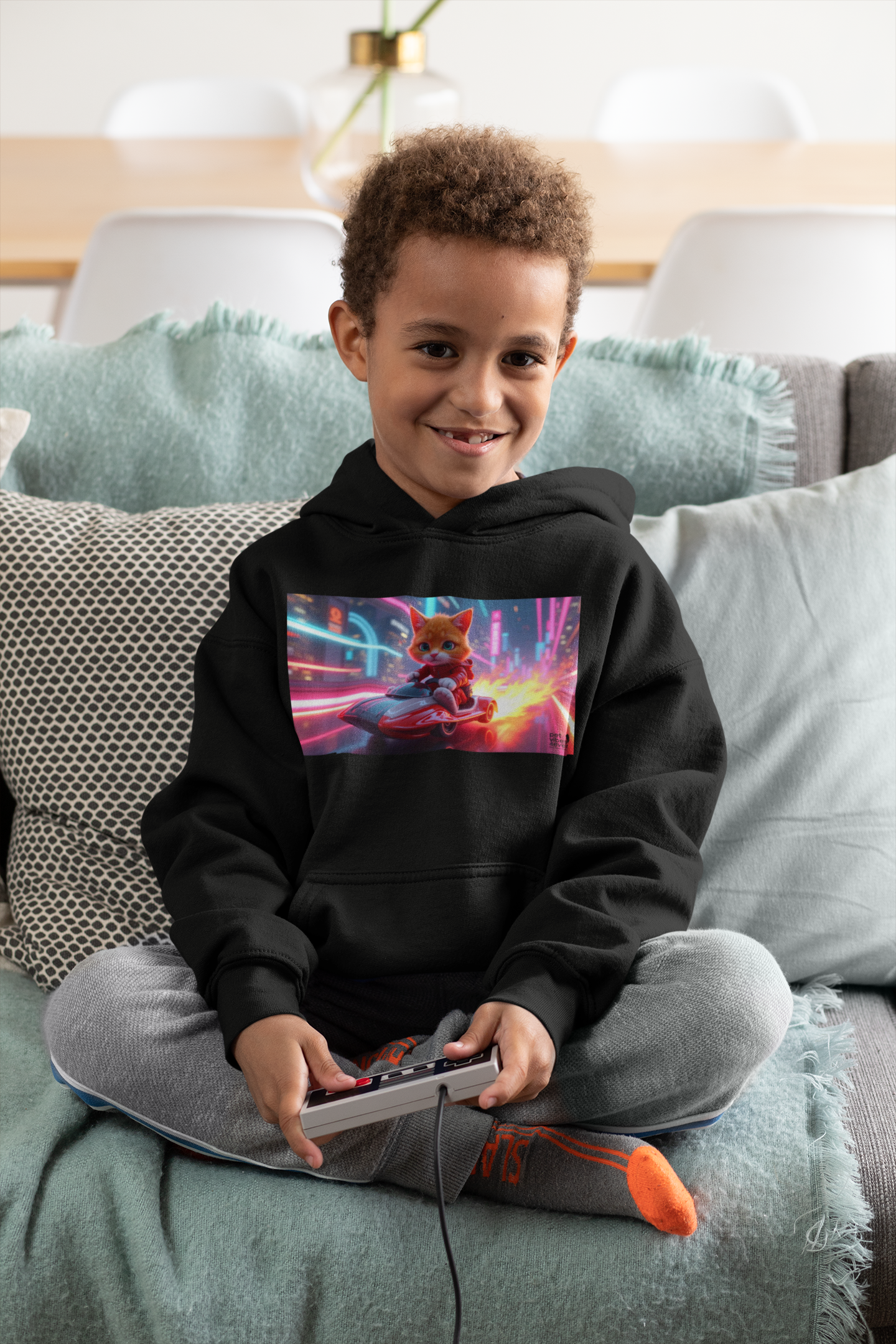 Youth Heavy Blend Hooded Sweatshirt with Cool Cat Design, Perfect for Comics Lovers, Gaming Gear, Birthday Gifts, Casual Wear, Holidays