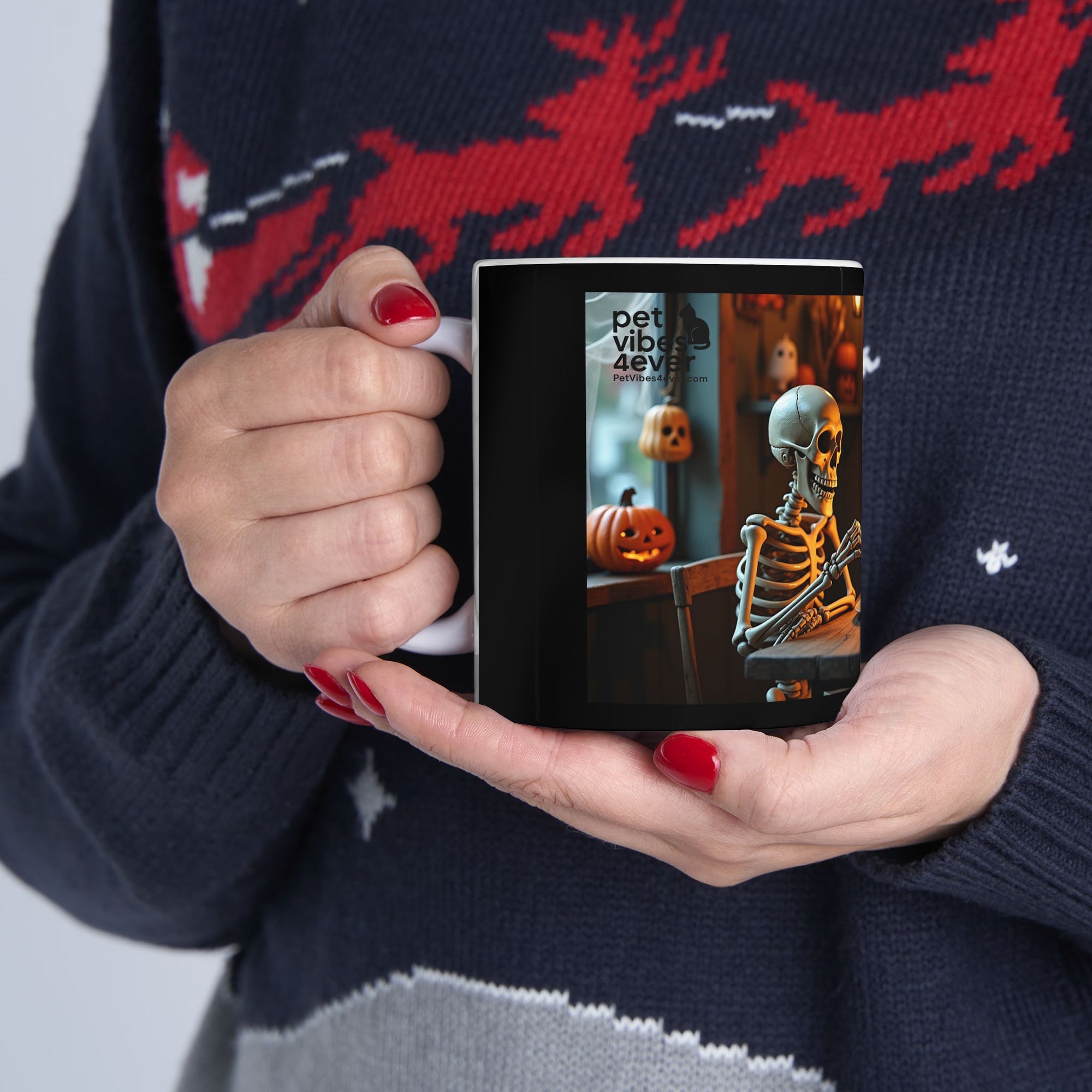 Spooky Skeleton & Cat Mug, Halloween Gift, Cute Ceramic Cup, Cozy Coffee Mug, Gothic Home Decor