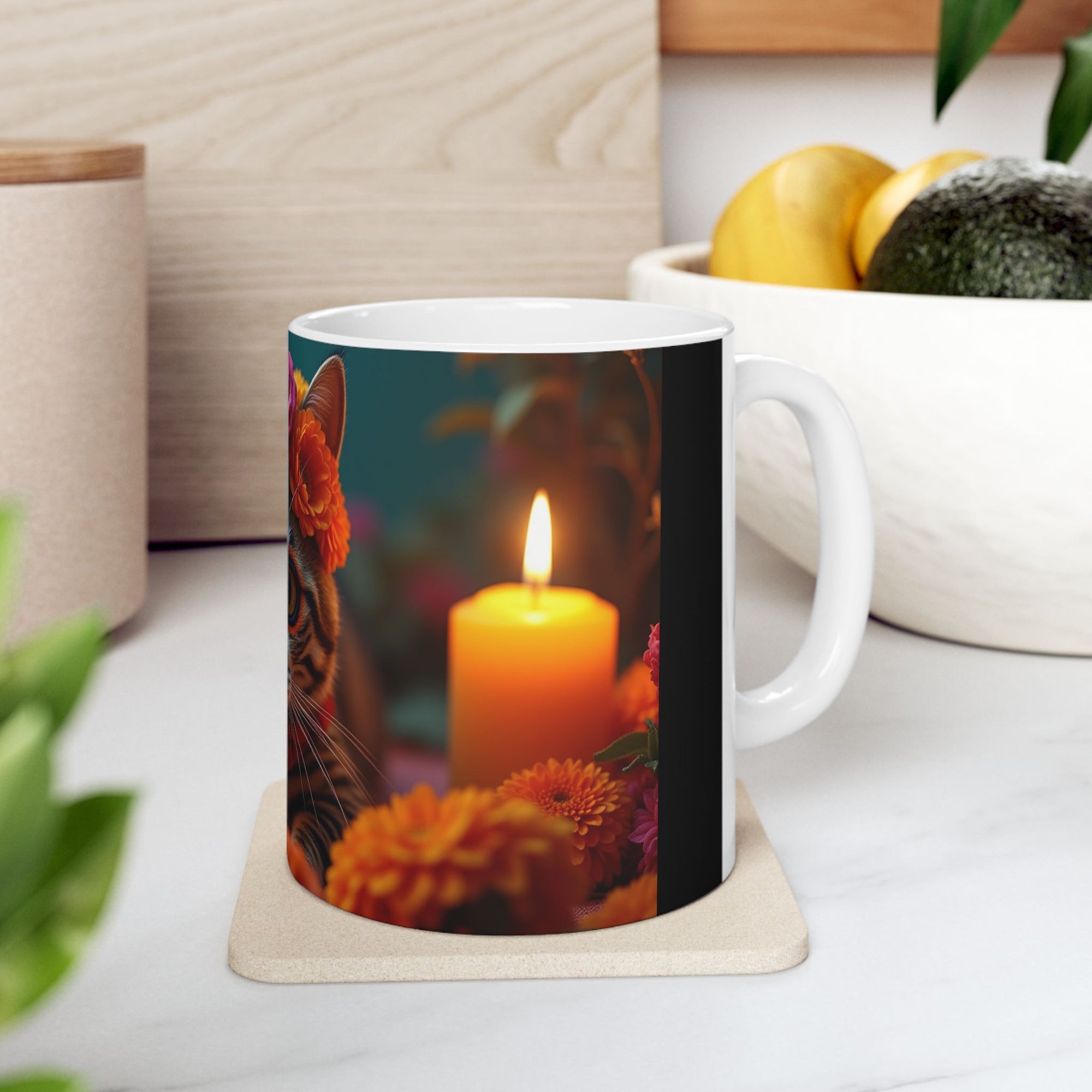 Flower Crown Cat Ceramic Mug - Colorful Cat Design, Unique Gift for Animal Lovers, Home Decor, Cat Mom Present, Coffee Mug, 11oz & 15oz