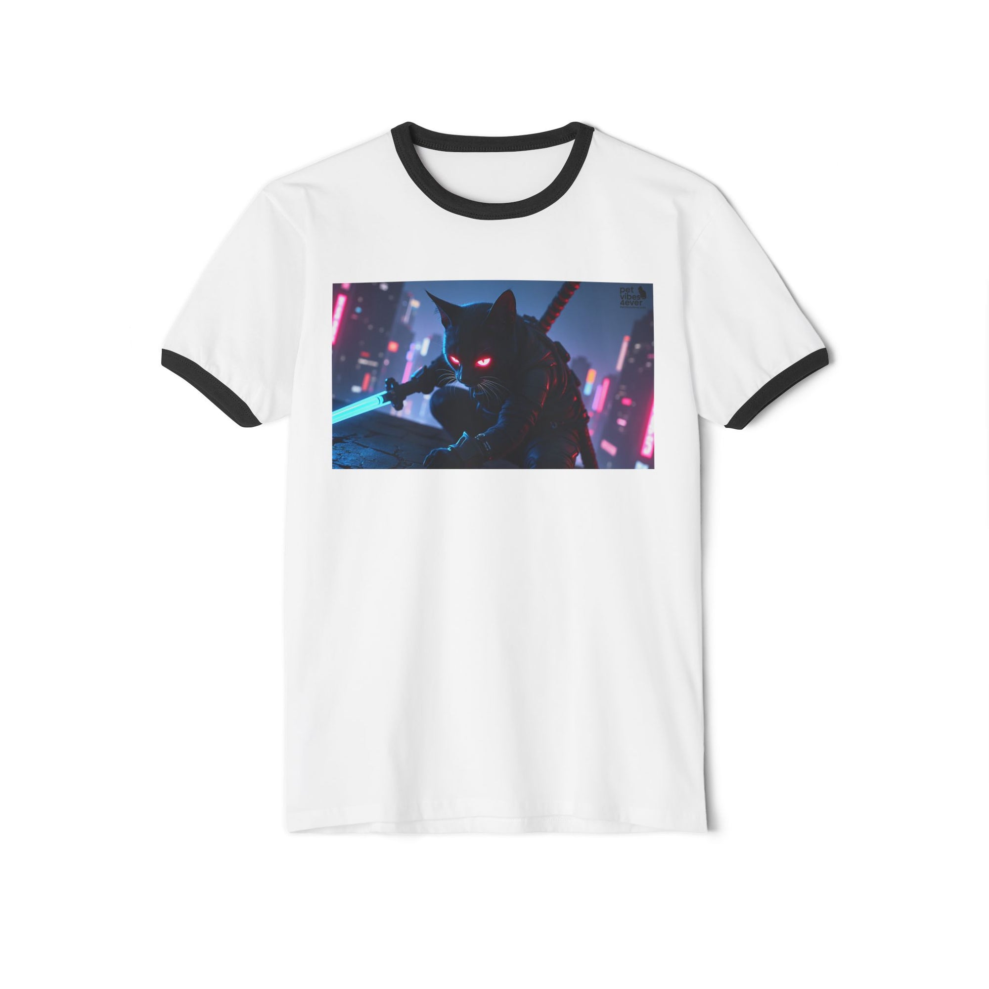 Cyberpunk Cat Unisex Ringer T-Shirt, Futuristic Tee, Cat Lover Gift, Retro Graphic Tee, Unique T-Shirt for Pet Lovers