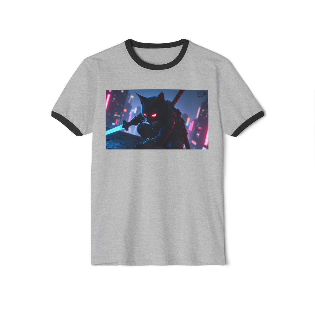 Cyberpunk Cat Unisex Ringer T-Shirt, Futuristic Tee, Cat Lover Gift, Retro Graphic Tee, Unique T-Shirt for Pet Lovers