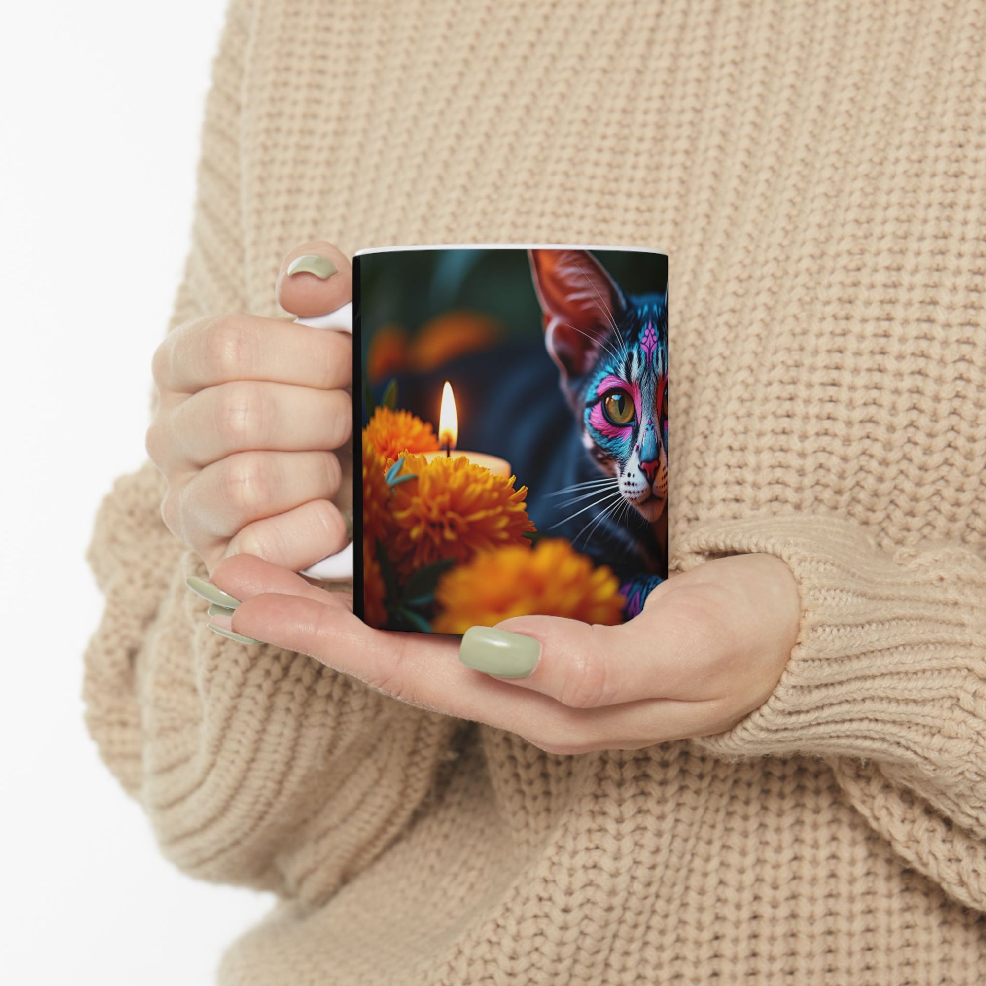 Colorful Cat Ceramic Mug | Cat Lover Gift, Unique Art Mug, Coffee Cup, Floral Design, Trendy Kitchen Decor