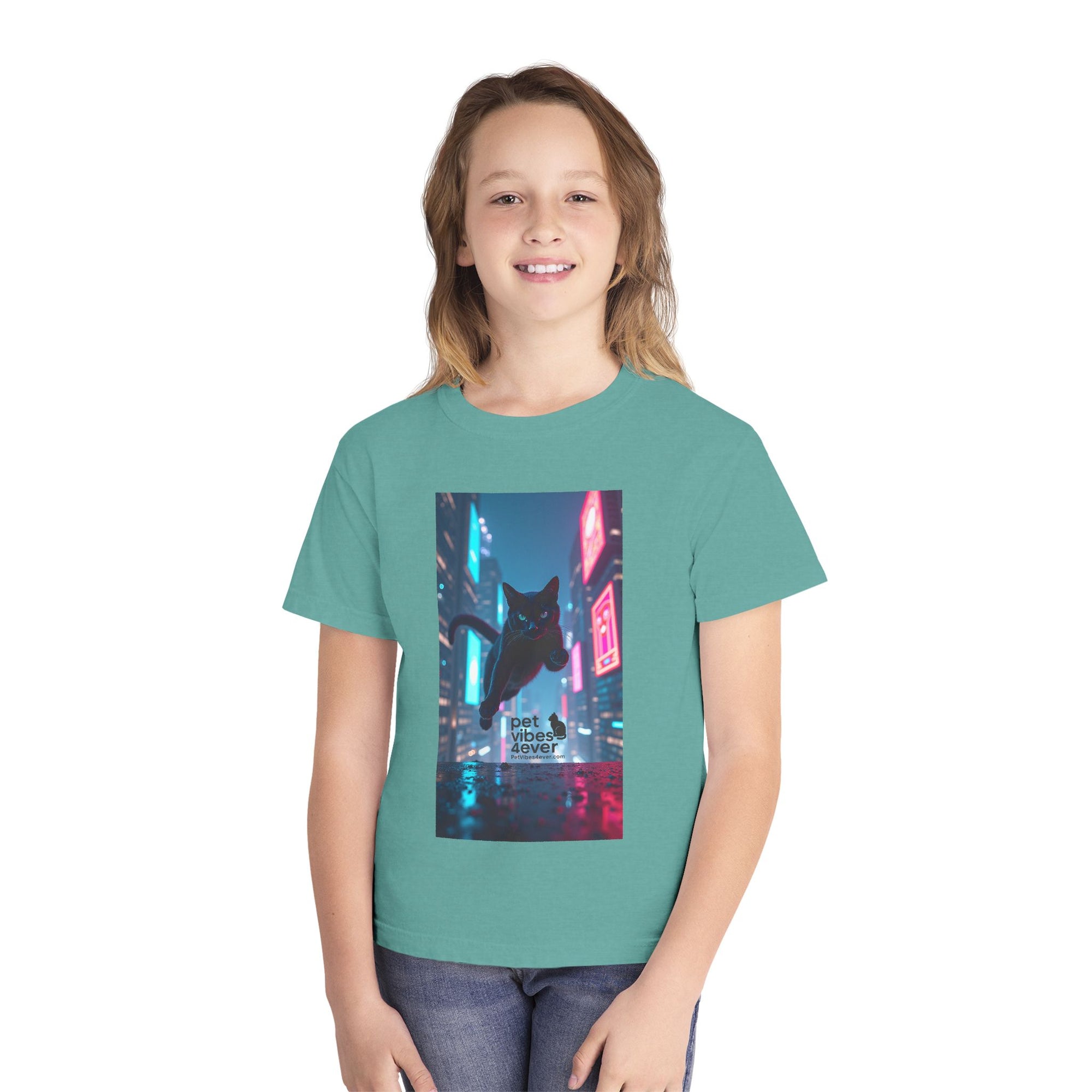 Youth Cat Vibes Tee, Cool Graphic Youth T-Shirt, Stylish Cat Shirt, Perfect for Pet Lovers, Casual Wear, Birthday Gift