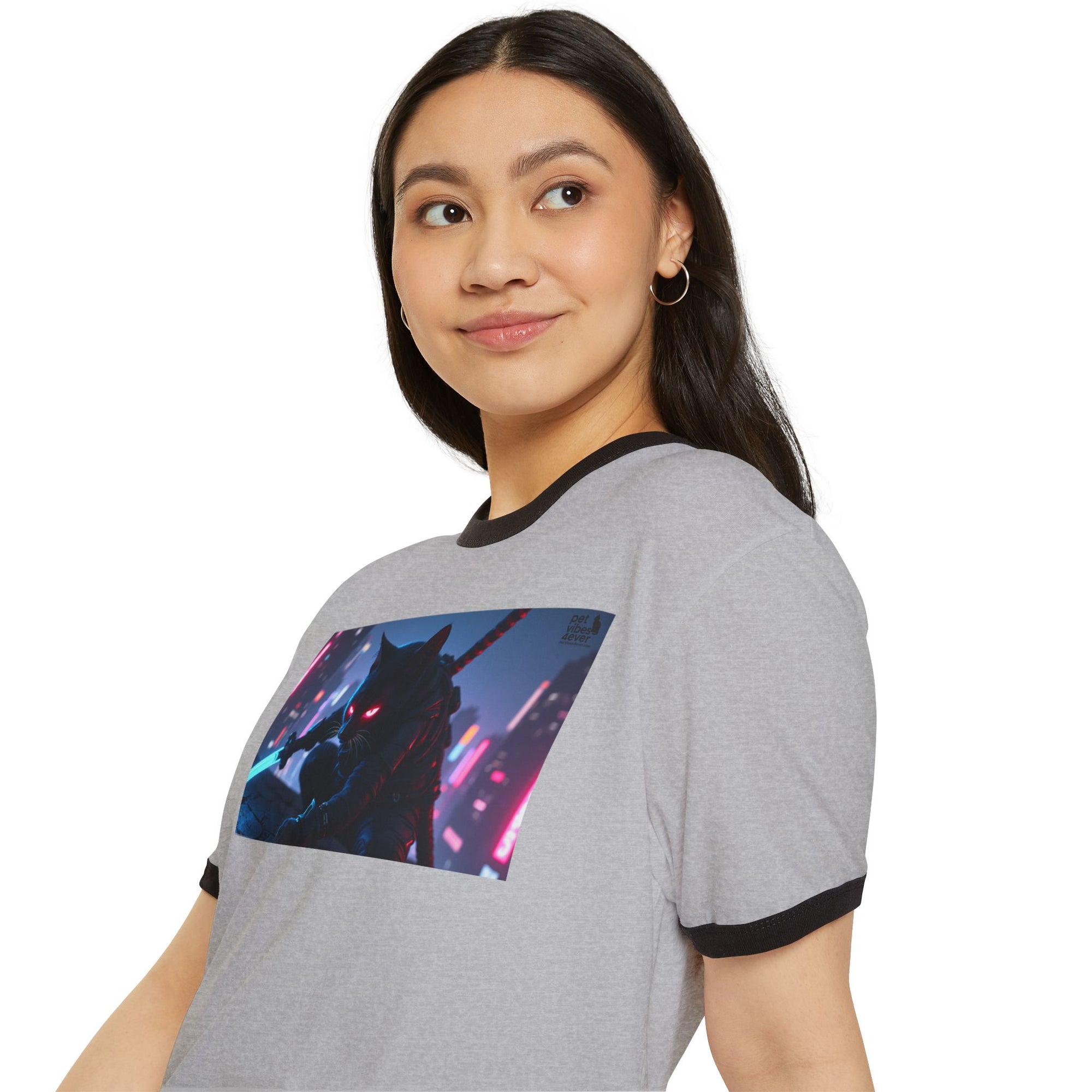 Cyberpunk Cat Unisex Ringer T-Shirt, Futuristic Tee, Cat Lover Gift, Retro Graphic Tee, Unique T-Shirt for Pet Lovers