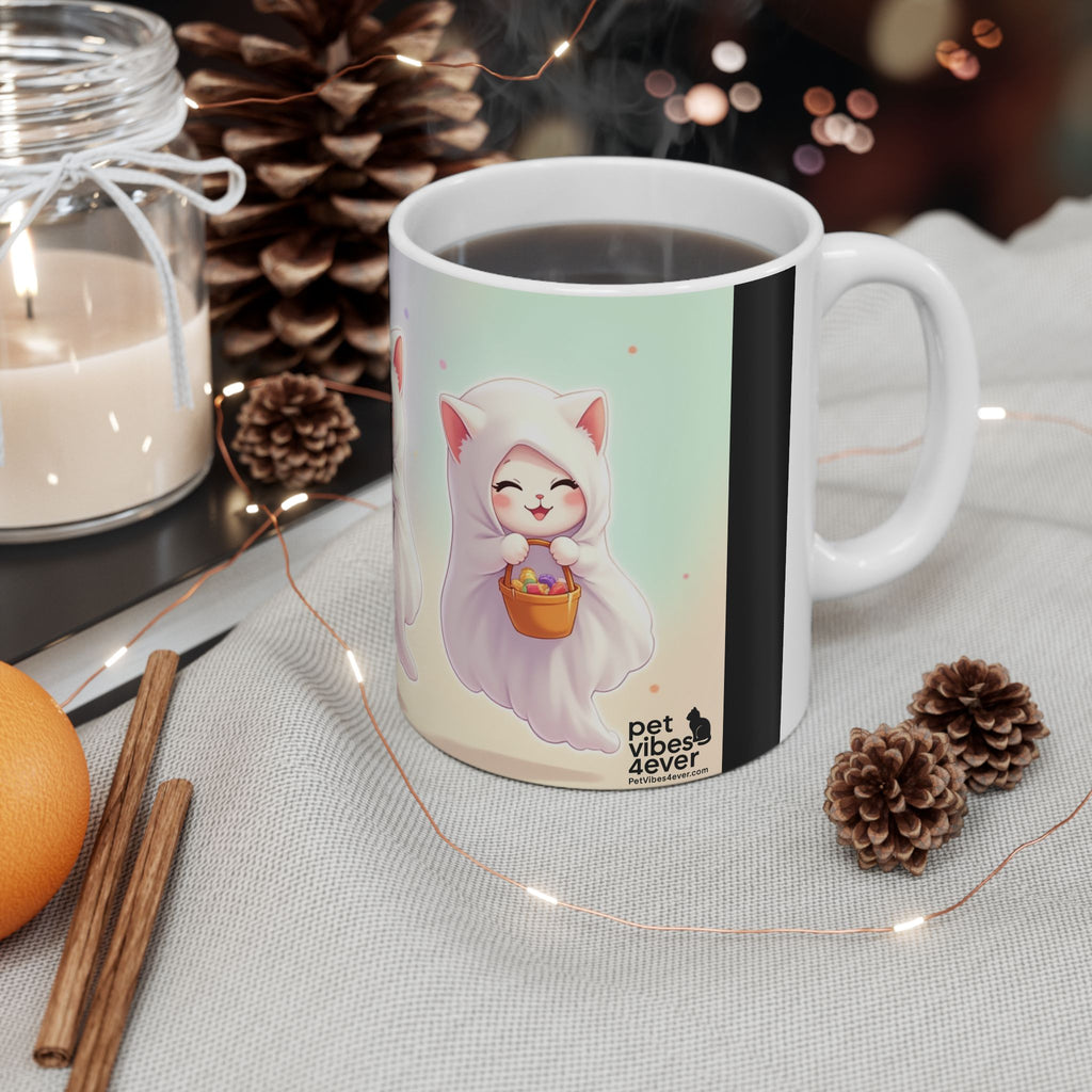 Adorable Ghost Cat Ceramic Mug - Perfect for Halloween, Cozy Vibes, Cat Lovers, Cute Gifts, Coffee/Tea Mug