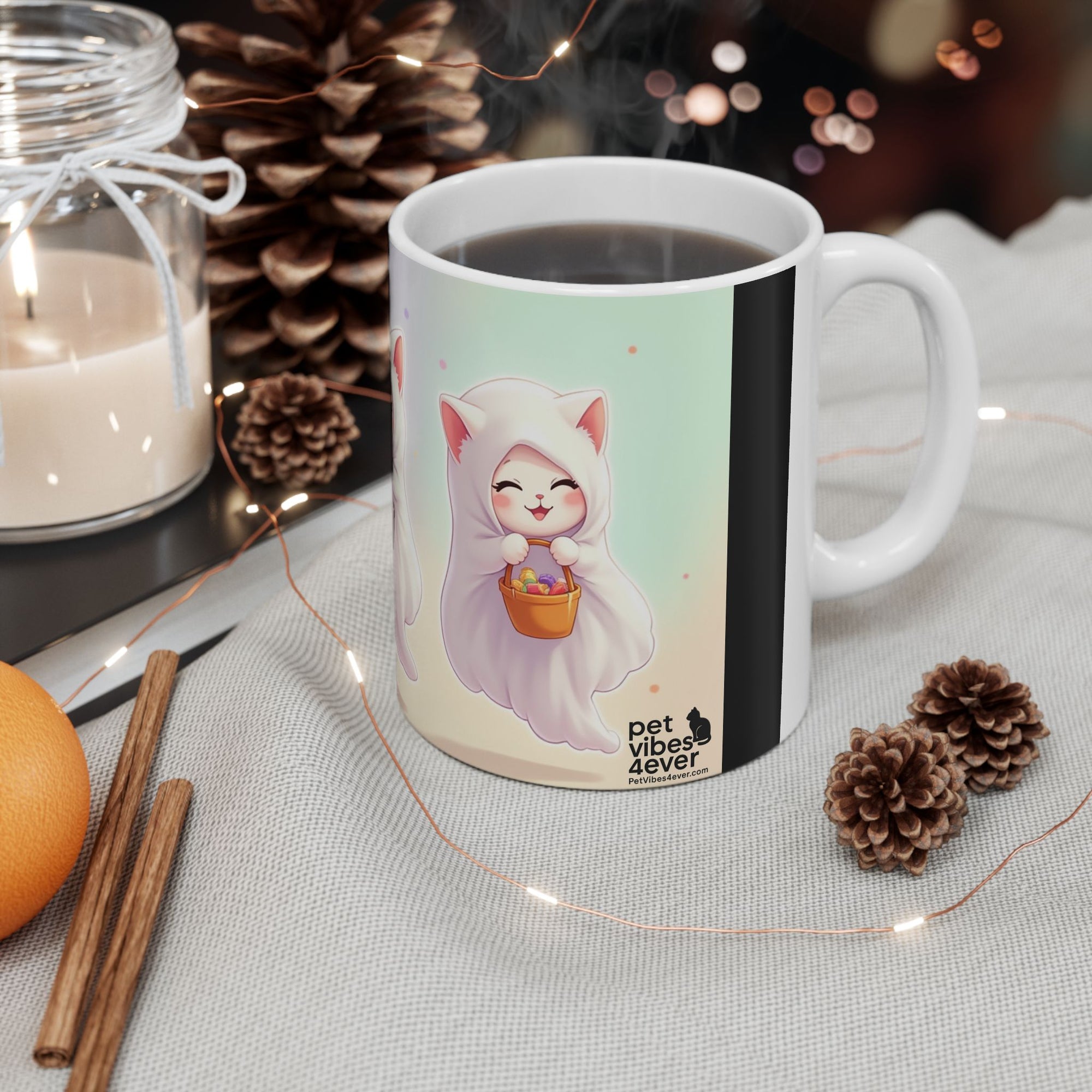 Adorable Ghost Cat Ceramic Mug - Perfect for Halloween, Cozy Vibes, Cat Lovers, Cute Gifts, Coffee/Tea Mug