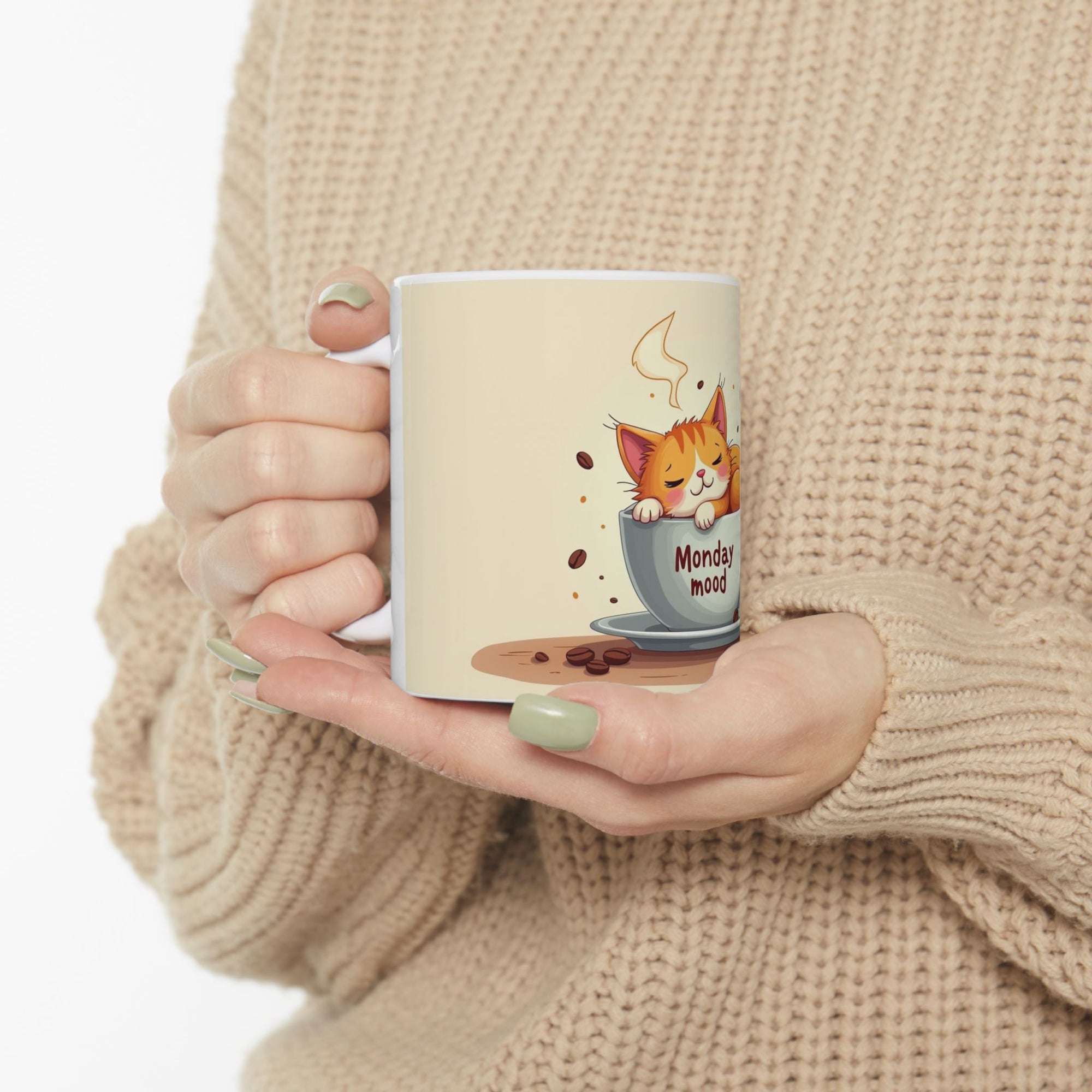 Cute Cat Monday Mood Mug, Coffee Cup, Gift for Cat Lovers, Office Decor, Animal Art, Funny Mug, Tea Cup