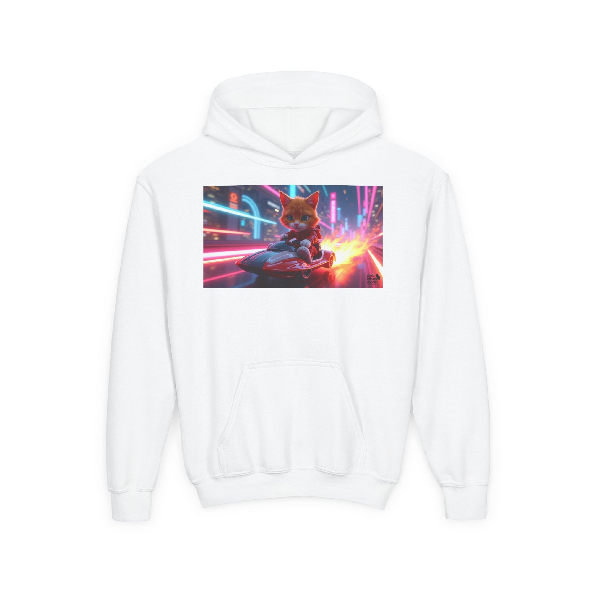 Youth Heavy Blend Hooded Sweatshirt with Cool Cat Design, Perfect for Comics Lovers, Gaming Gear, Birthday Gifts, Casual Wear, Holidays