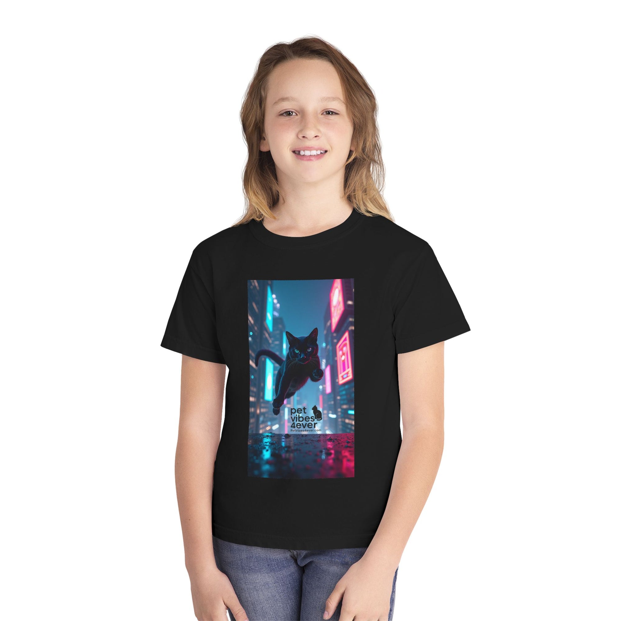 Youth Cat Vibes Tee, Cool Graphic Youth T-Shirt, Stylish Cat Shirt, Perfect for Pet Lovers, Casual Wear, Birthday Gift