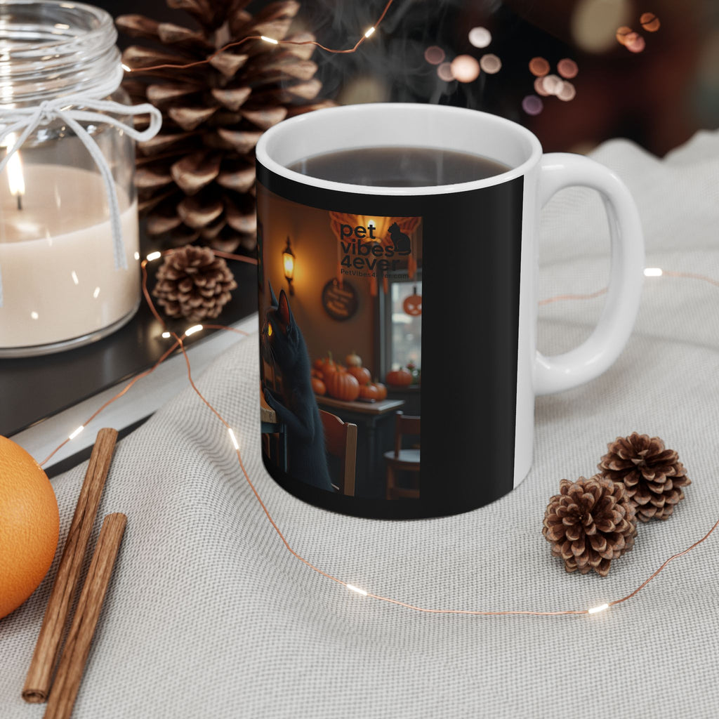 Skeleton & Cat Coffee Mug, Unique Gift for Cat Lovers, Halloween Decor, Fun Kitchenware, Tea Lover's Gift