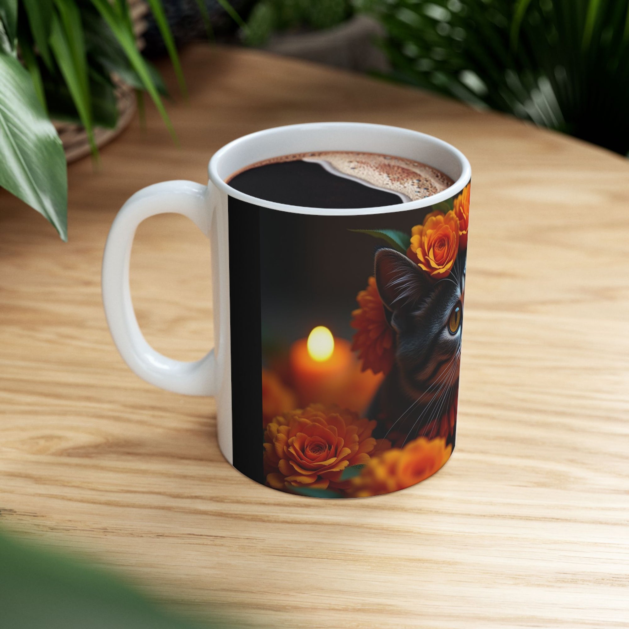 Whimsical Cat Ceramic Mug - Perfect Gift for Cat Lovers, Halloween Decor, Cozy Coffee Cup, Tea Mug, Floral Design