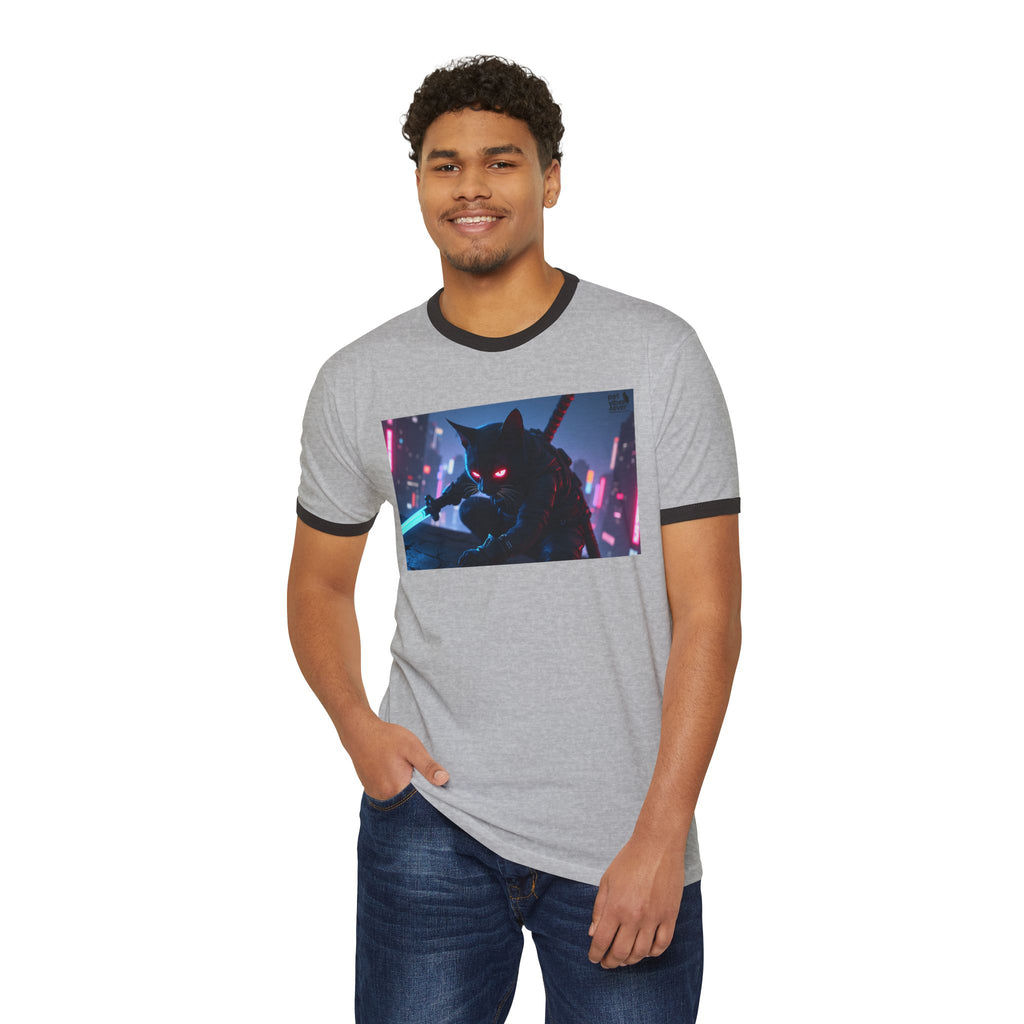 Cyberpunk Cat Unisex Ringer T-Shirt, Futuristic Tee, Cat Lover Gift, Retro Graphic Tee, Unique T-Shirt for Pet Lovers