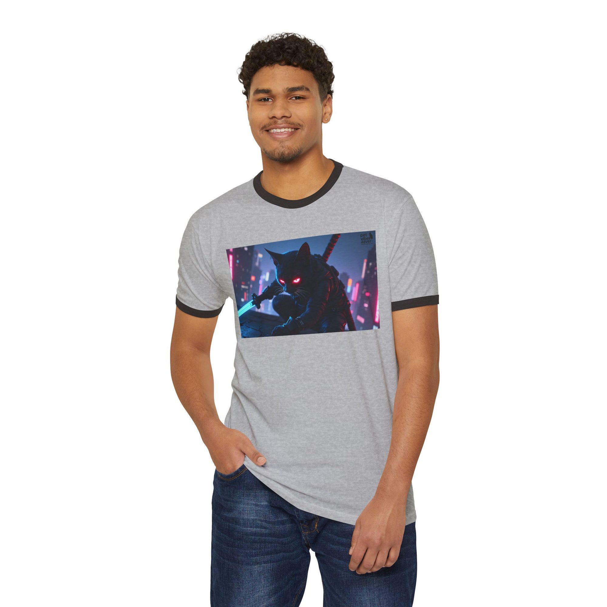 Cyberpunk Cat Unisex Ringer T-Shirt, Futuristic Tee, Cat Lover Gift, Retro Graphic Tee, Unique T-Shirt for Pet Lovers