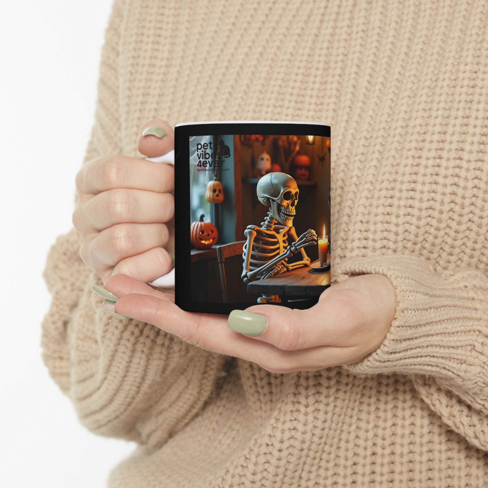 Spooky Skeleton & Cat Mug, Halloween Gift, Cute Ceramic Cup, Cozy Coffee Mug, Gothic Home Decor