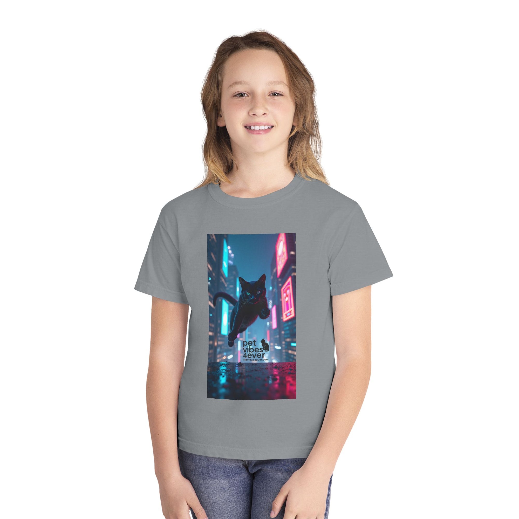 Youth Cat Vibes Tee, Cool Graphic Youth T-Shirt, Stylish Cat Shirt, Perfect for Pet Lovers, Casual Wear, Birthday Gift
