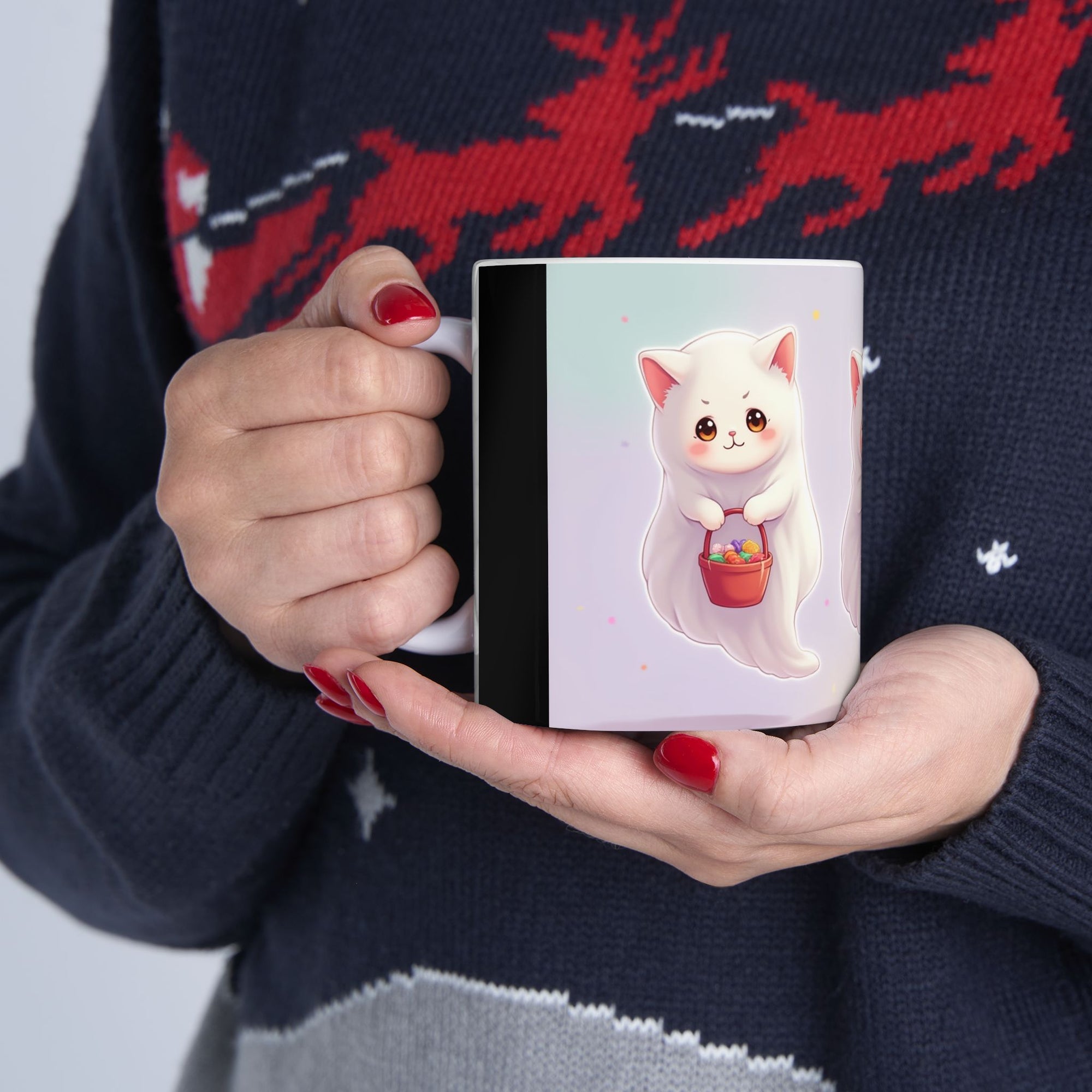 Adorable Ghost Cat Ceramic Mug - Perfect for Halloween, Cozy Vibes, Cat Lovers, Cute Gifts, Coffee/Tea Mug