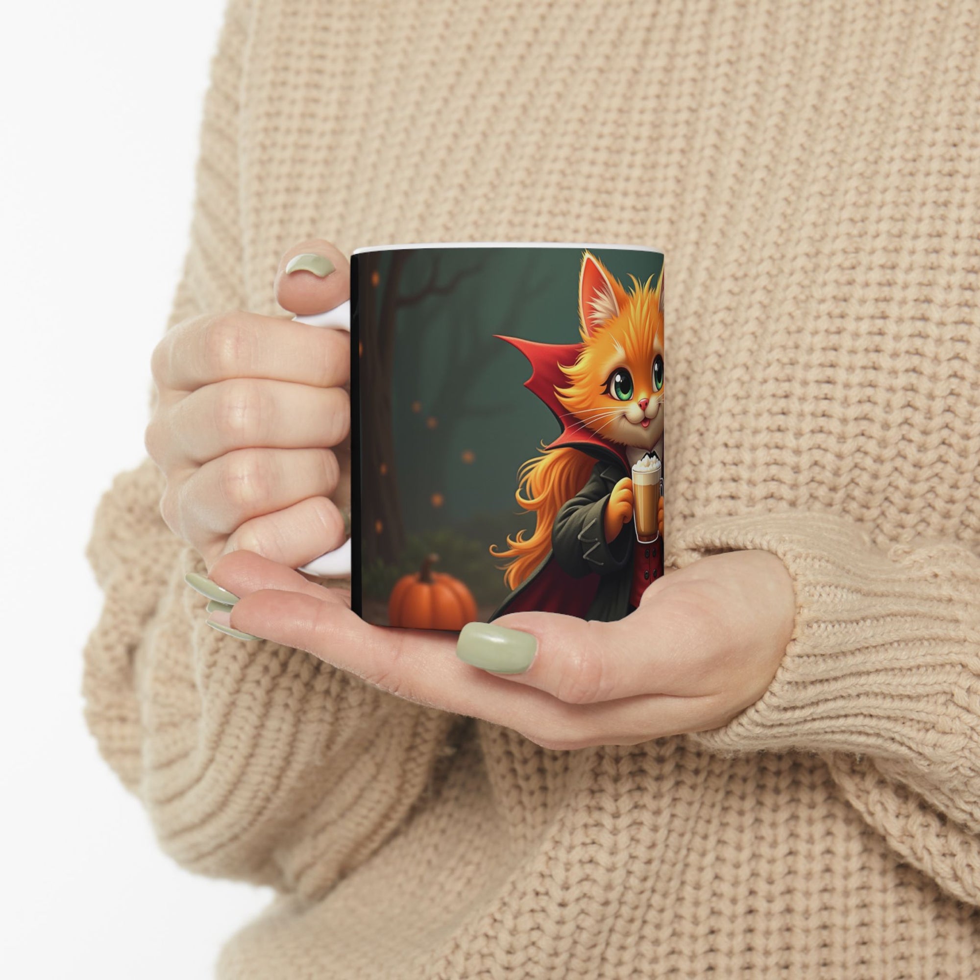 Spooky Cat Ceramic Mug, Halloween Gift, Cute Cat Lover's Mug, Whimsical Coffee Cup, Unique Cat Decor