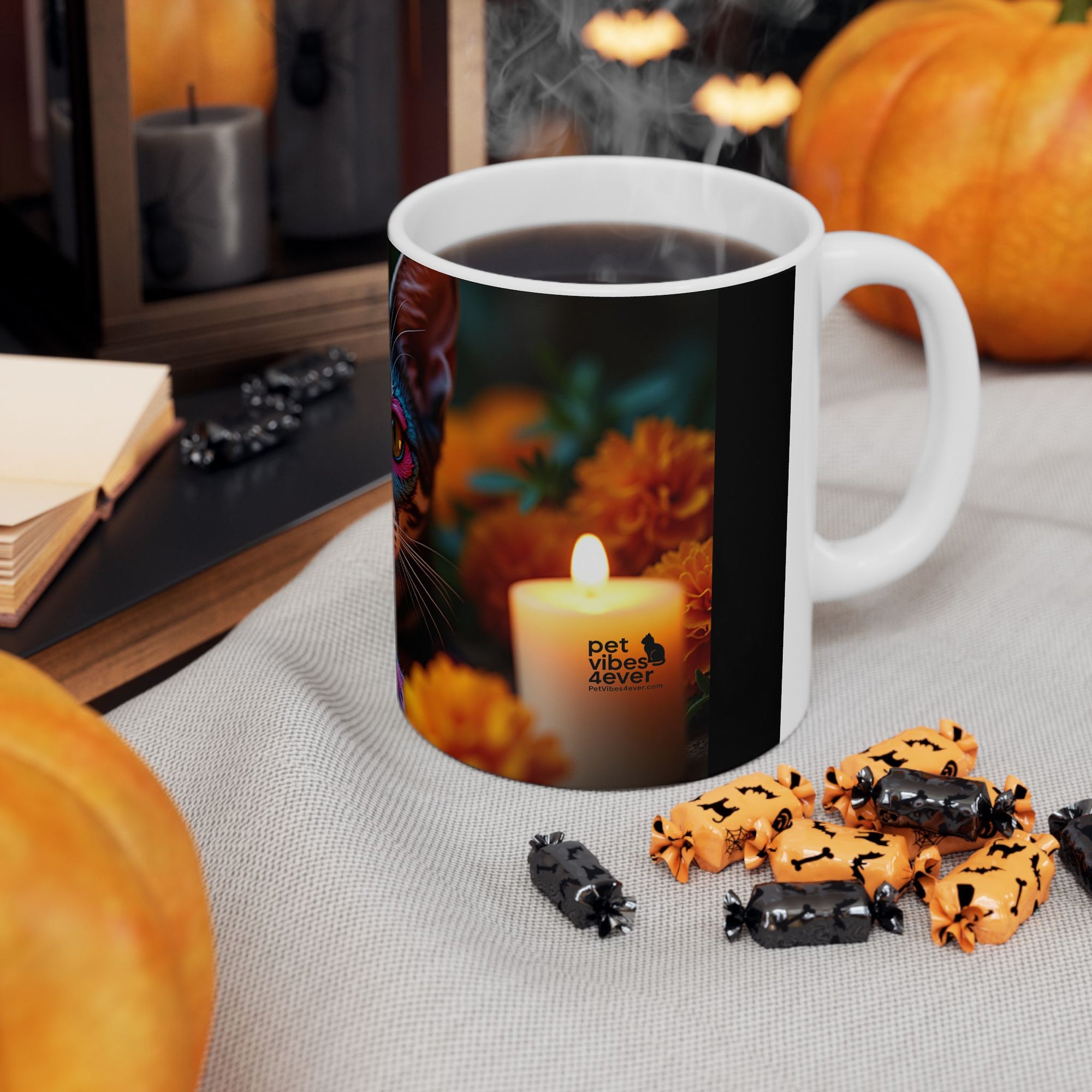 Colorful Cat Ceramic Mug | Cat Lover Gift, Unique Art Mug, Coffee Cup, Floral Design, Trendy Kitchen Decor
