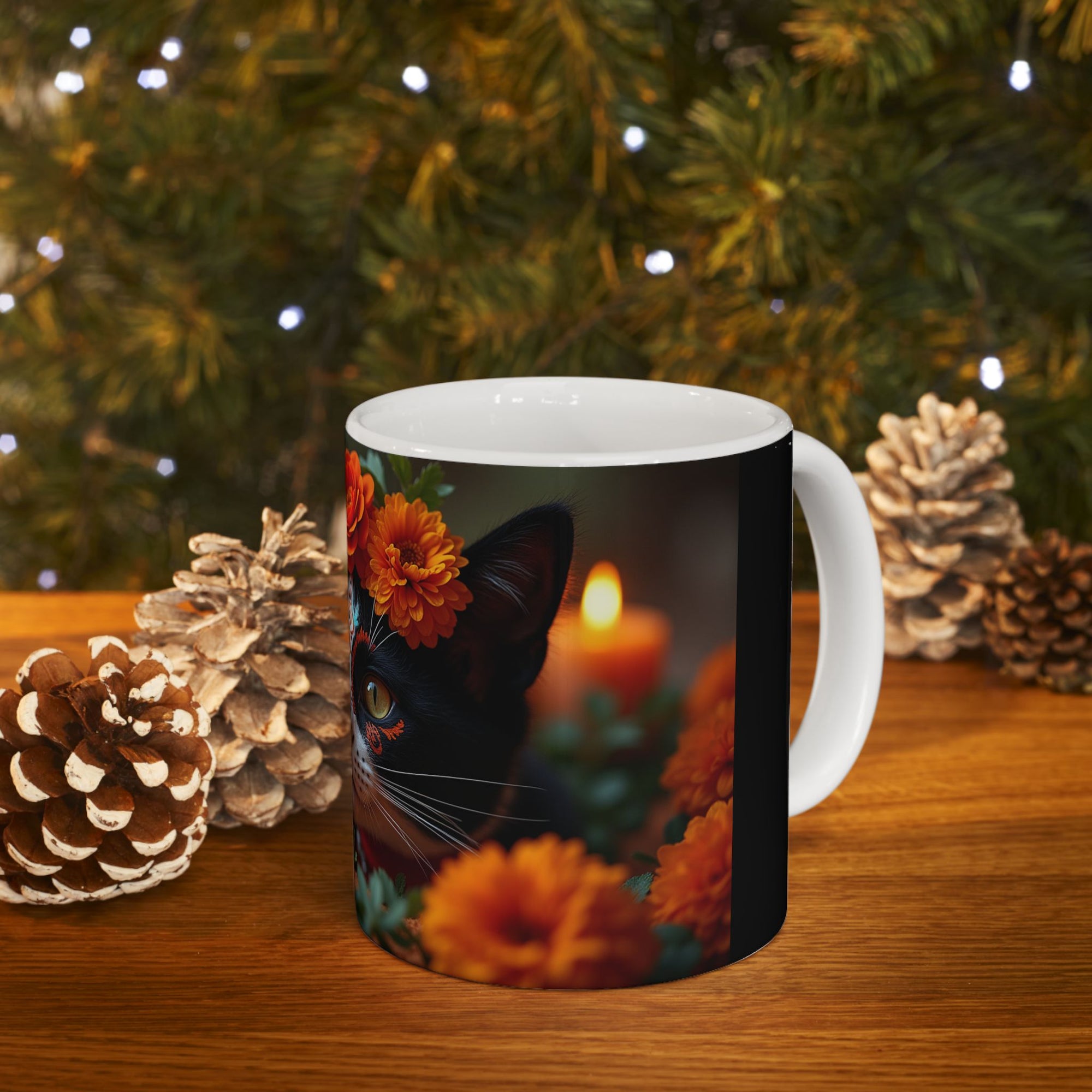 Cat Floral Ceramic Mug, Cute Cat Mug, Gift for Cat Lovers, Coffee Mug, Animal Lover's Gift