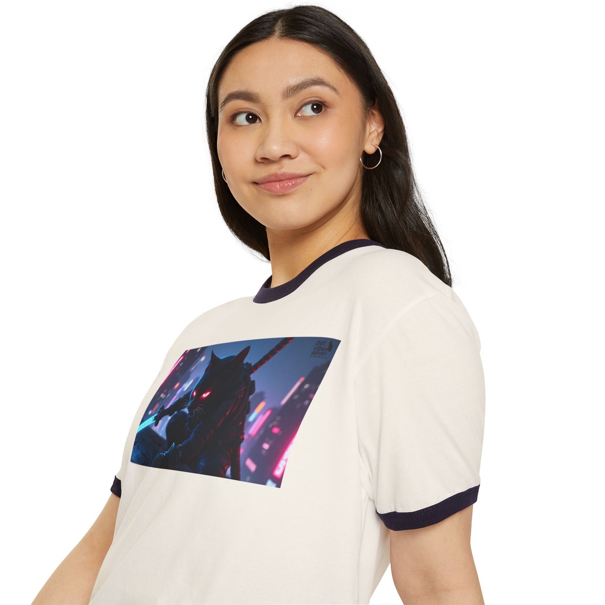 Cyberpunk Cat Unisex Ringer T-Shirt, Futuristic Tee, Cat Lover Gift, Retro Graphic Tee, Unique T-Shirt for Pet Lovers