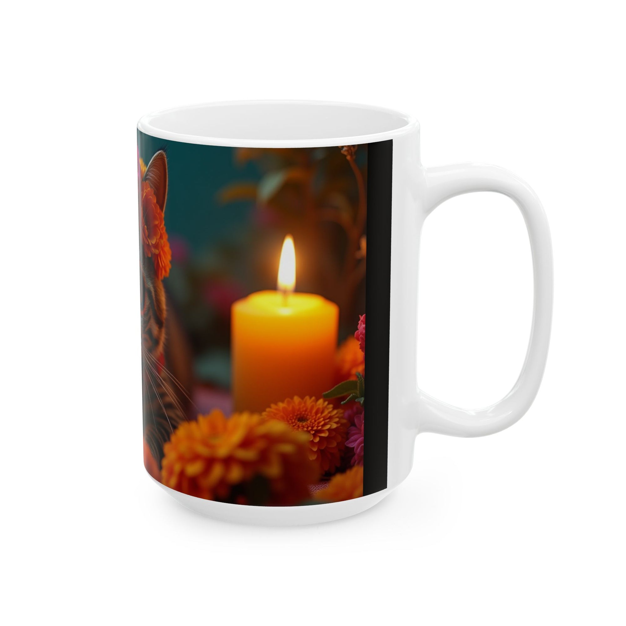Flower Crown Cat Ceramic Mug - Colorful Cat Design, Unique Gift for Animal Lovers, Home Decor, Cat Mom Present, Coffee Mug, 11oz & 15oz