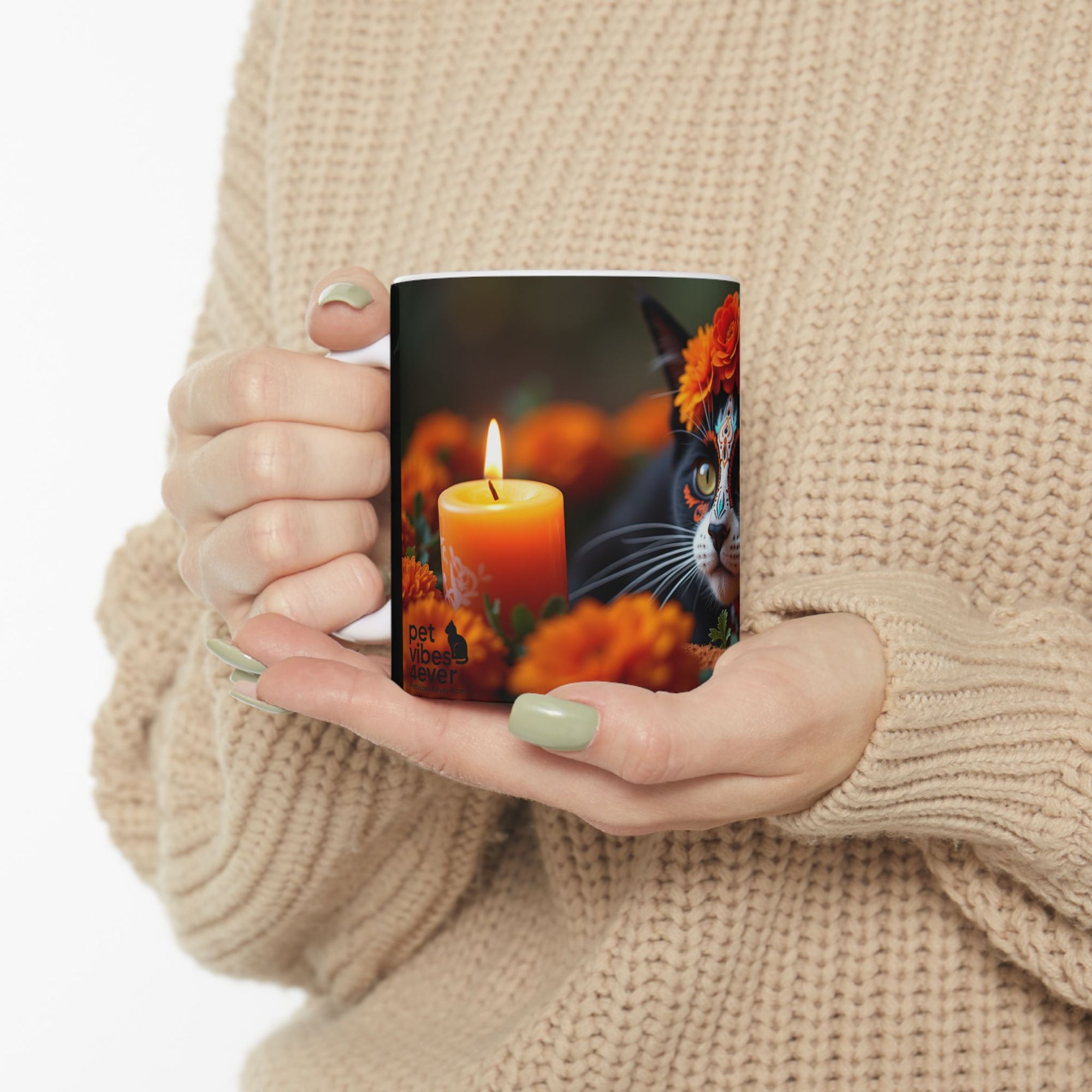 Cat Floral Ceramic Mug, Cute Cat Mug, Gift for Cat Lovers, Coffee Mug, Animal Lover's Gift