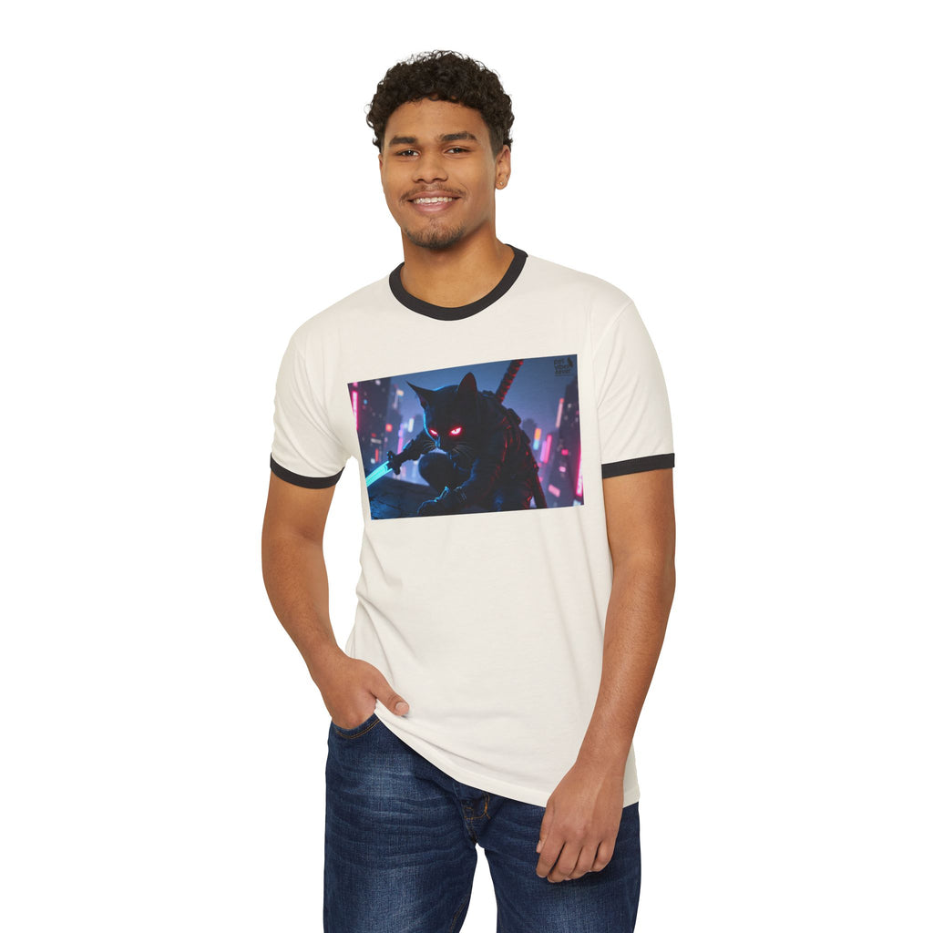 Cyberpunk Cat Unisex Ringer T-Shirt, Futuristic Tee, Cat Lover Gift, Retro Graphic Tee, Unique T-Shirt for Pet Lovers