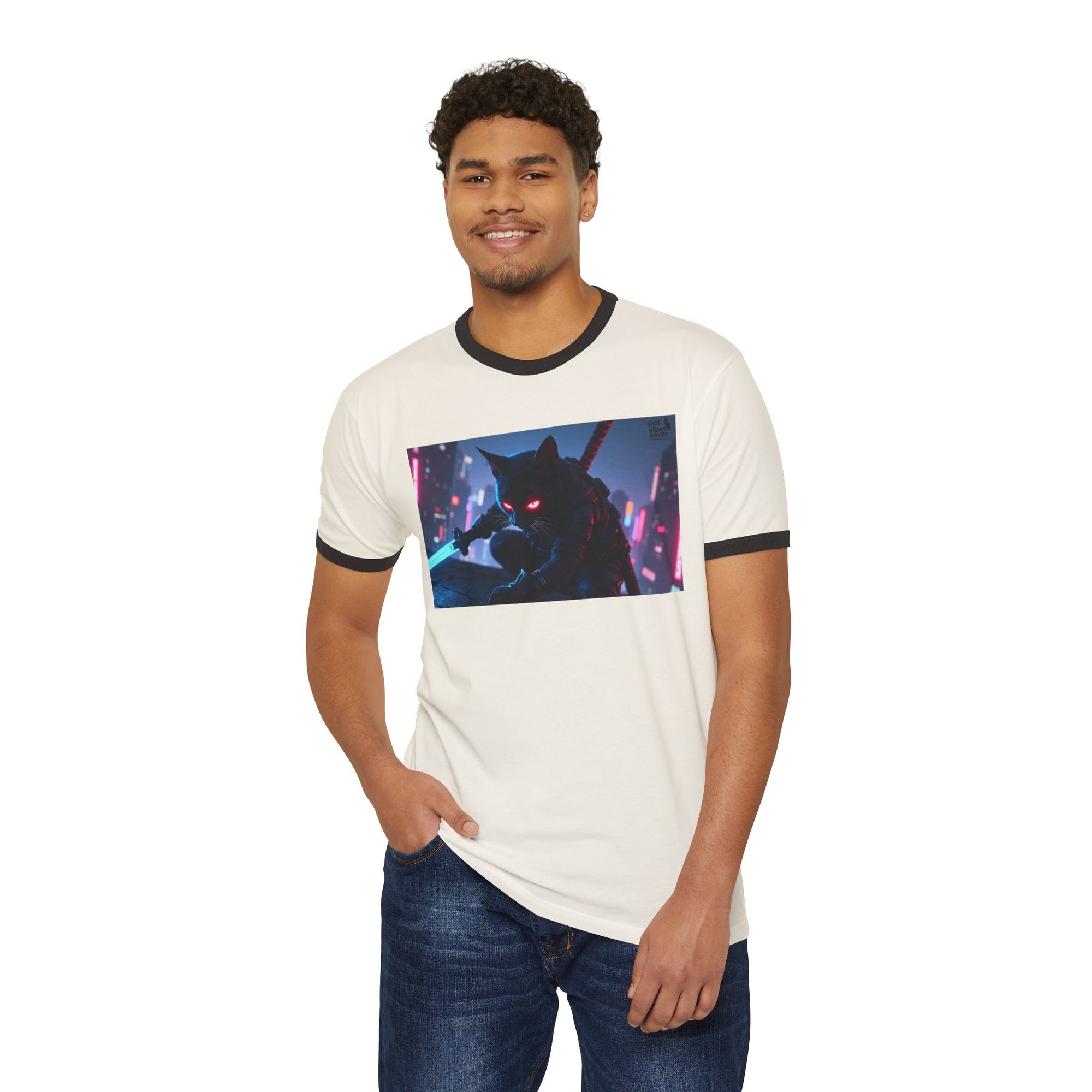 Cyberpunk Cat Unisex Ringer T-Shirt, Futuristic Tee, Cat Lover Gift, Retro Graphic Tee, Unique T-Shirt for Pet Lovers