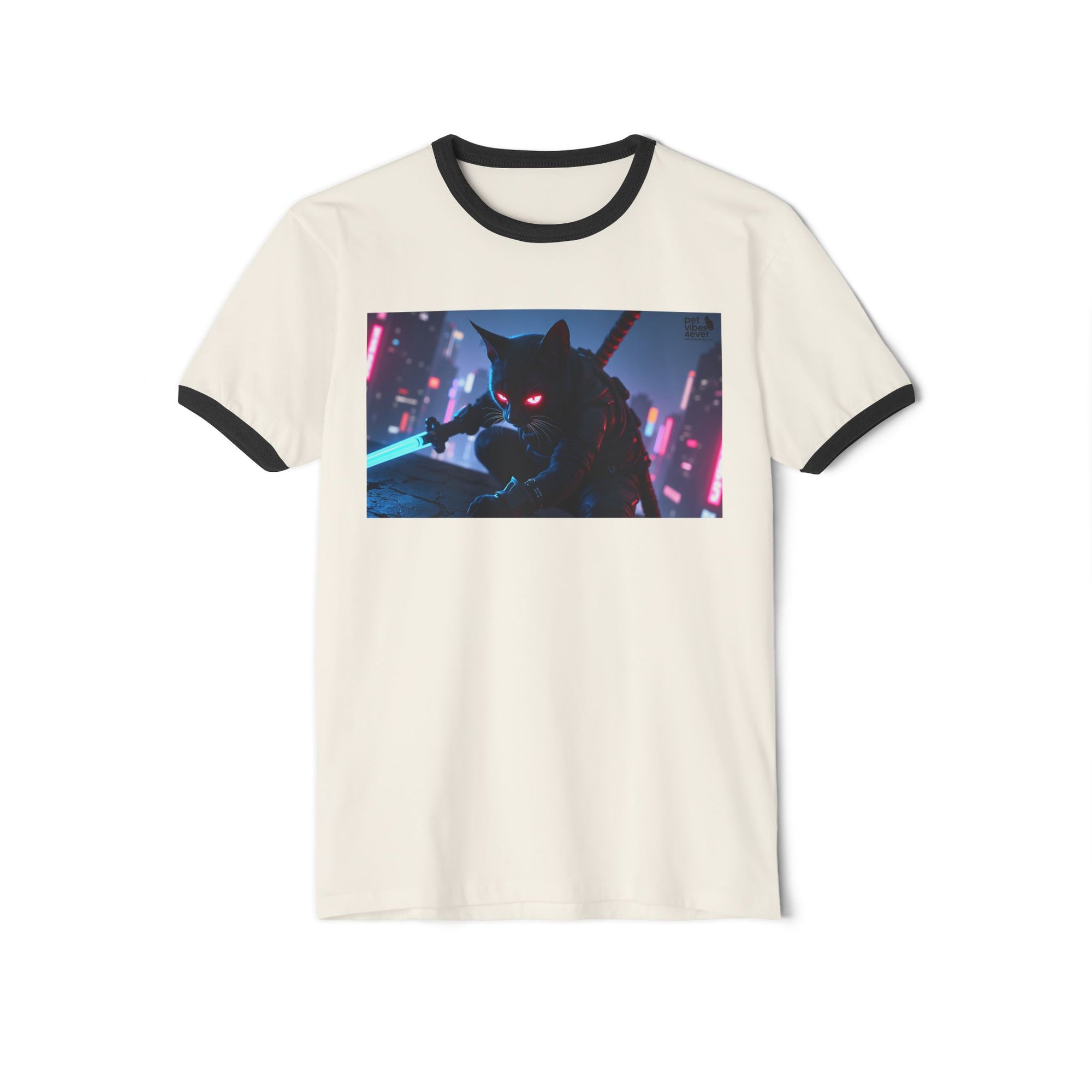 Cyberpunk Cat Unisex Ringer T-Shirt, Futuristic Tee, Cat Lover Gift, Retro Graphic Tee, Unique T-Shirt for Pet Lovers