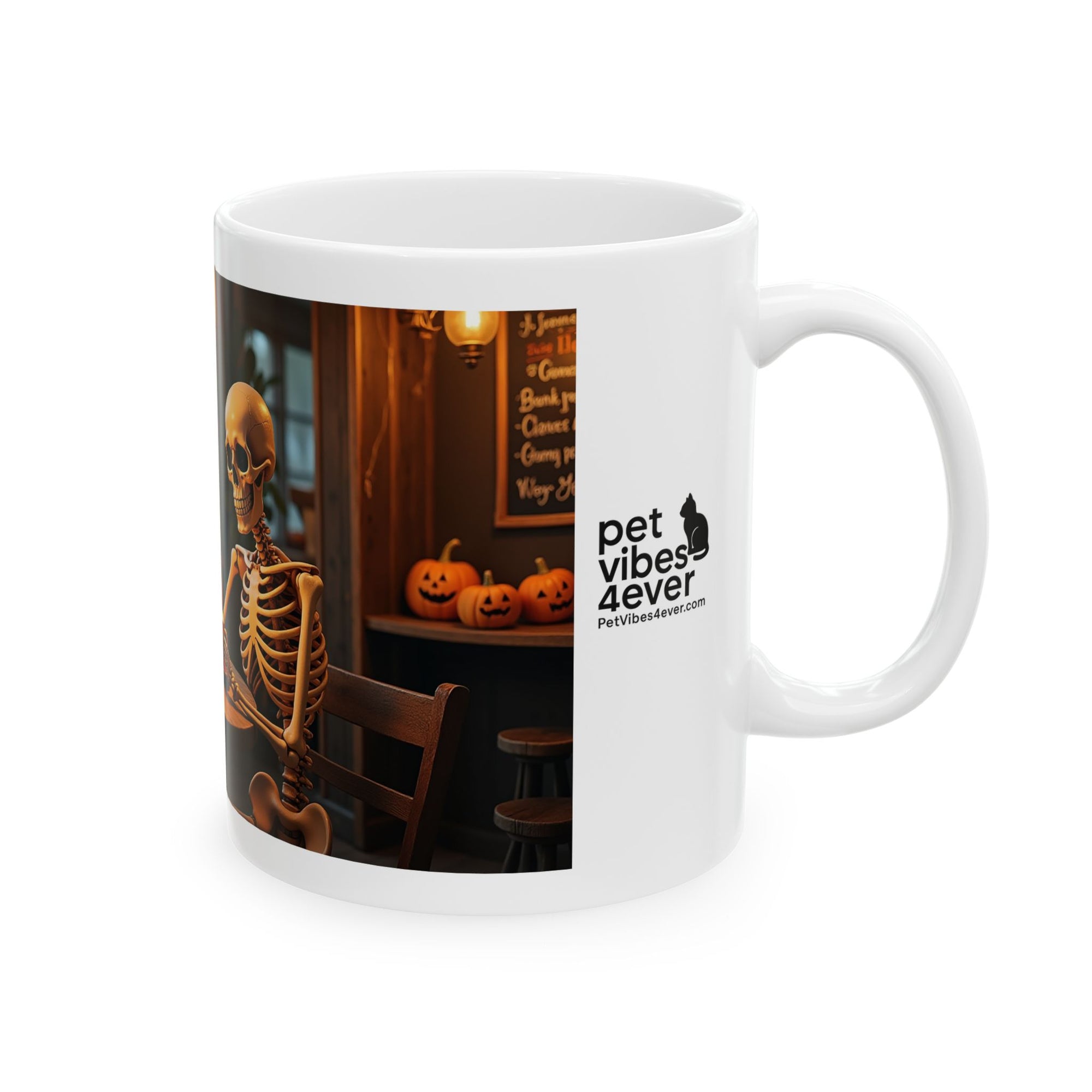 Whimsical Skeleton Cat Mug: Cozy Coffee Cup, Halloween Decor, Gift for Cat Lovers, Unique Kitchenware