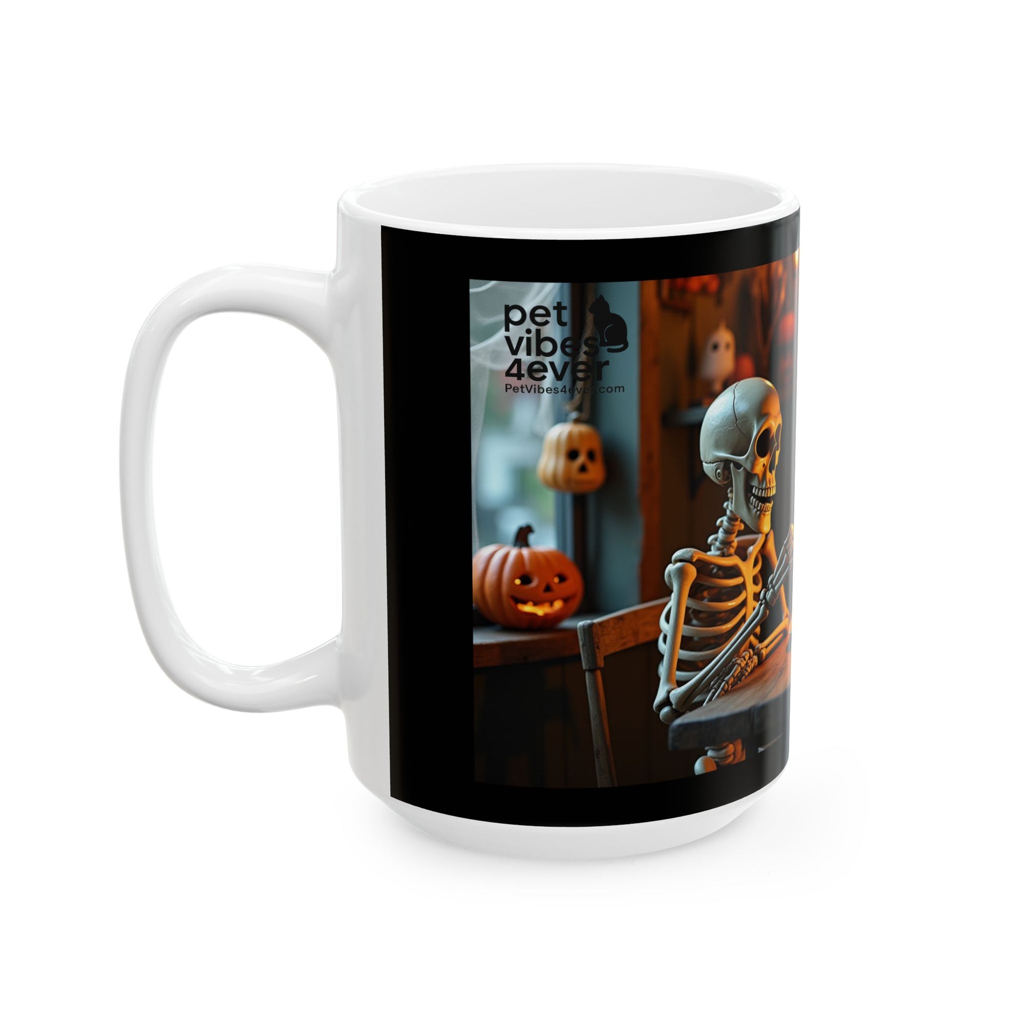 Spooky Skeleton & Cat Mug, Halloween Gift, Cute Ceramic Cup, Cozy Coffee Mug, Gothic Home Decor
