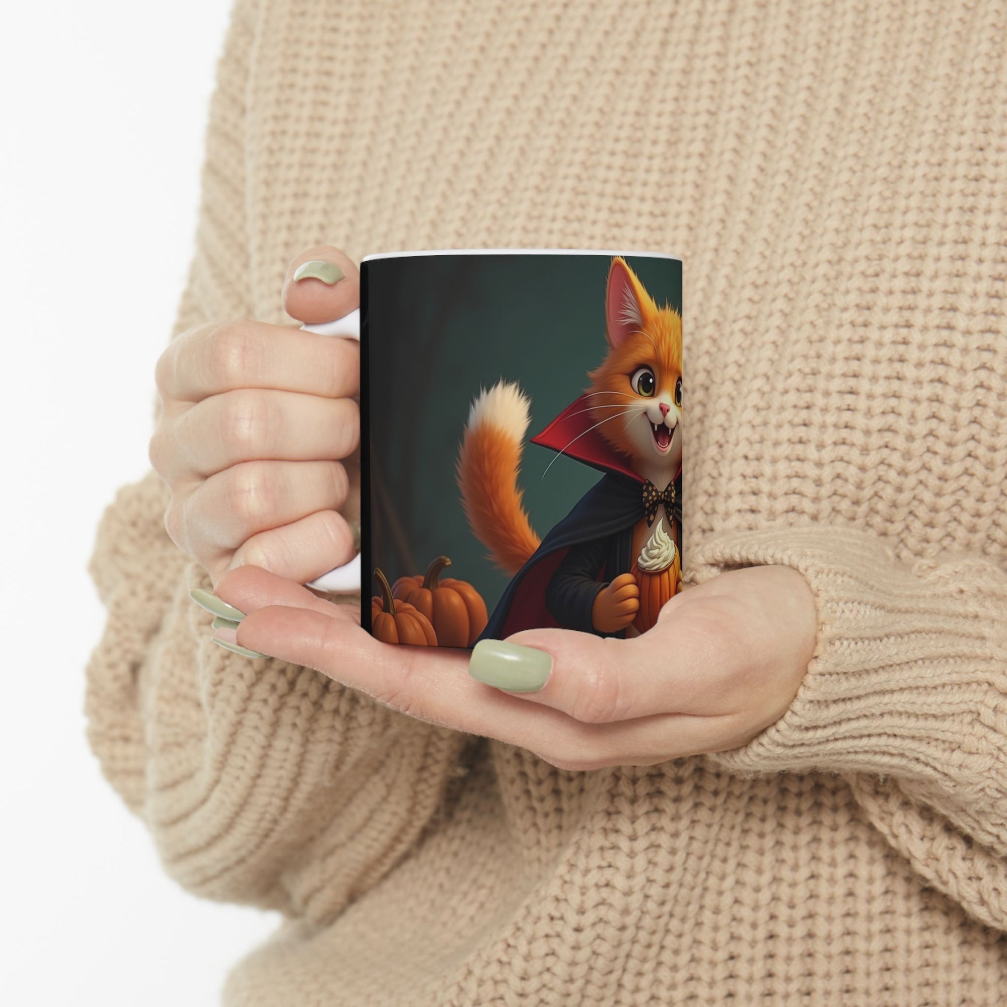 Spooky Cat Ceramic Mug - Halloween Coffee Cup for Cat Lovers, Cute Gift, Pumpkin Design, 11oz & 15oz