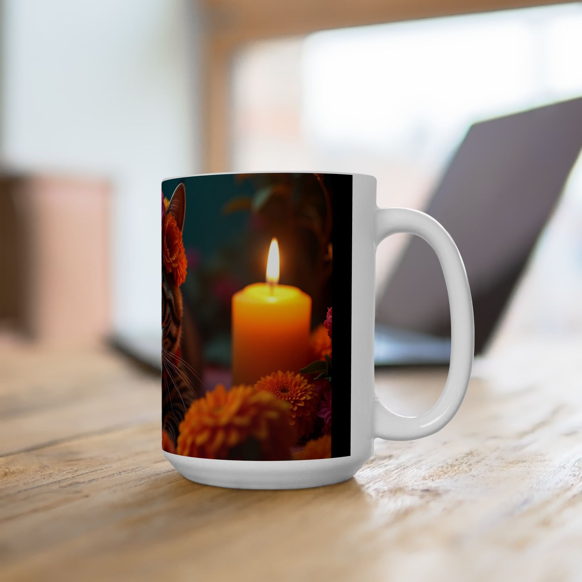 Flower Crown Cat Ceramic Mug - Colorful Cat Design, Unique Gift for Animal Lovers, Home Decor, Cat Mom Present, Coffee Mug, 11oz & 15oz