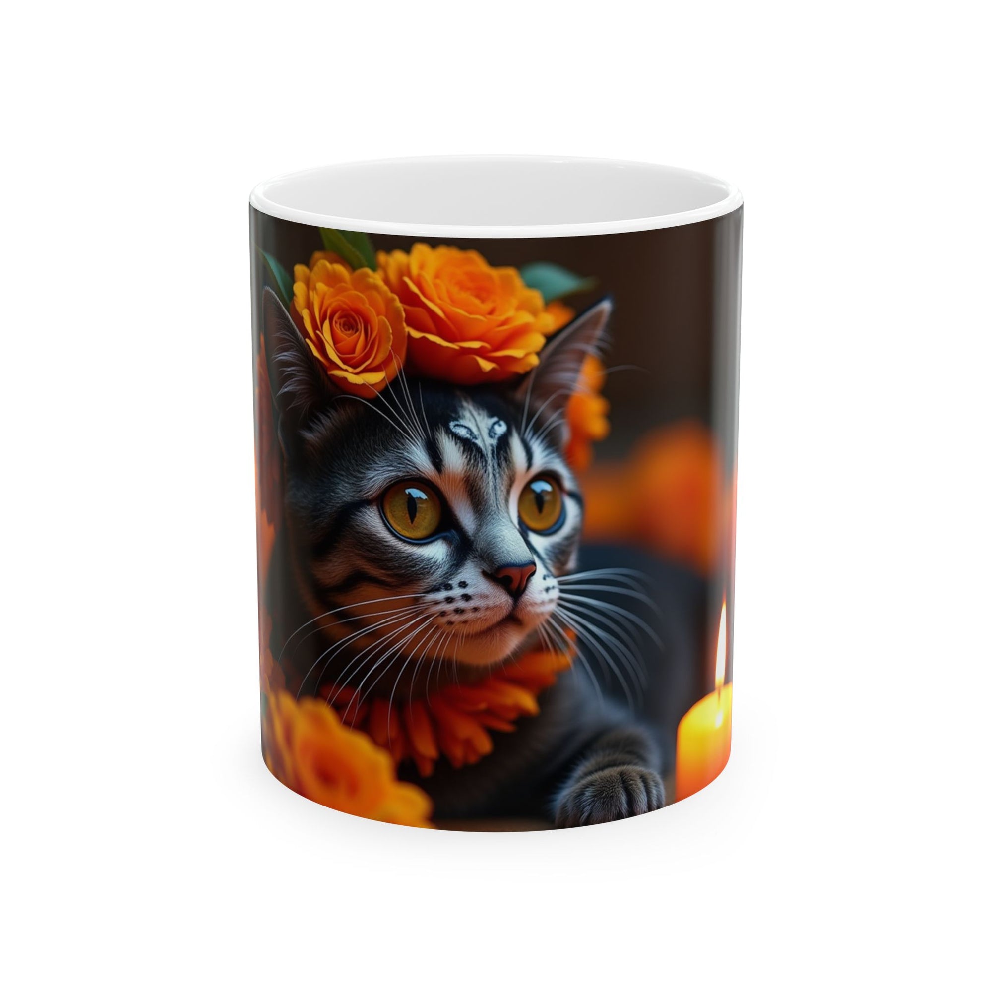 Whimsical Cat Ceramic Mug - Perfect Gift for Cat Lovers, Halloween Decor, Cozy Coffee Cup, Tea Mug, Floral Design