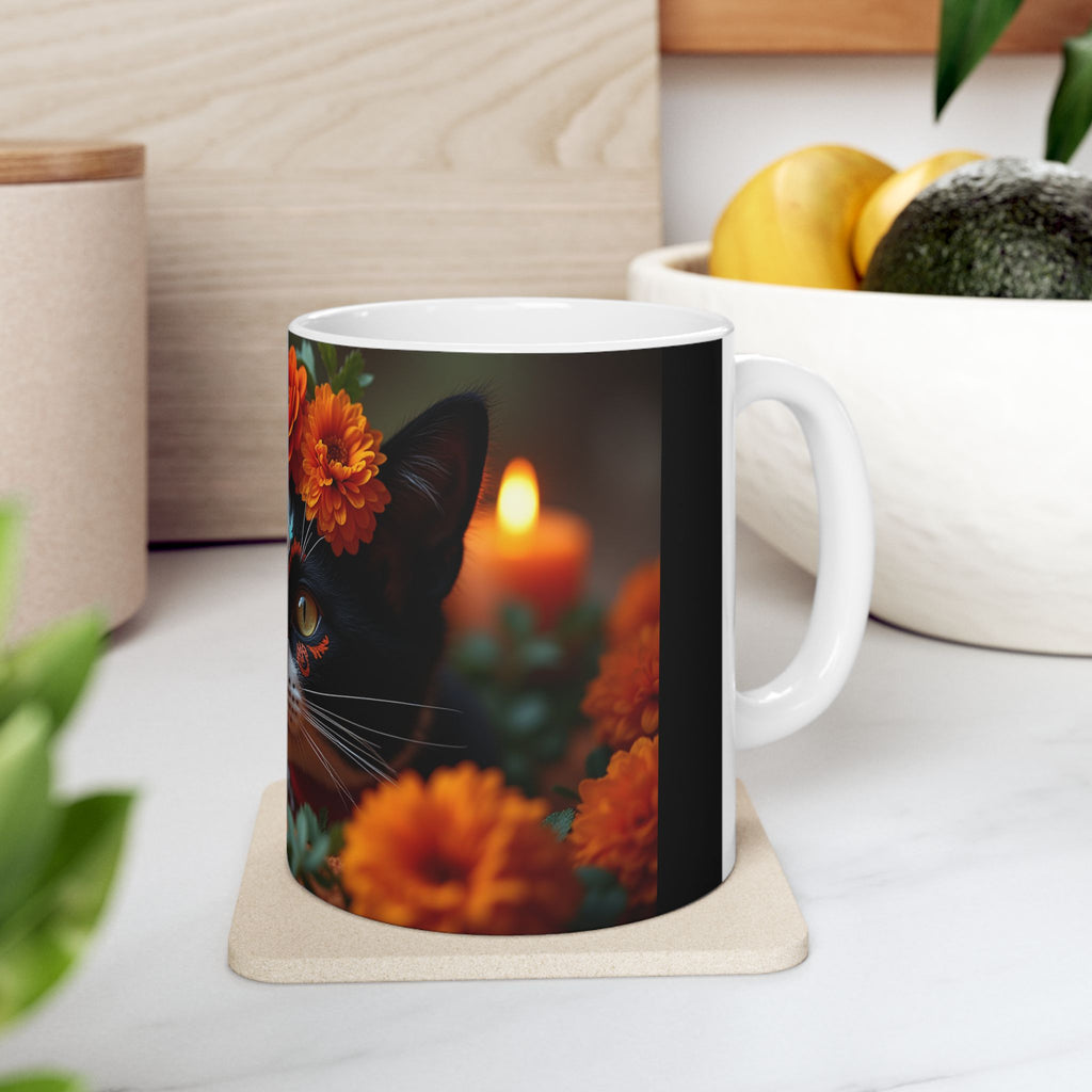 Cat Floral Ceramic Mug, Cute Cat Mug, Gift for Cat Lovers, Coffee Mug, Animal Lover's Gift