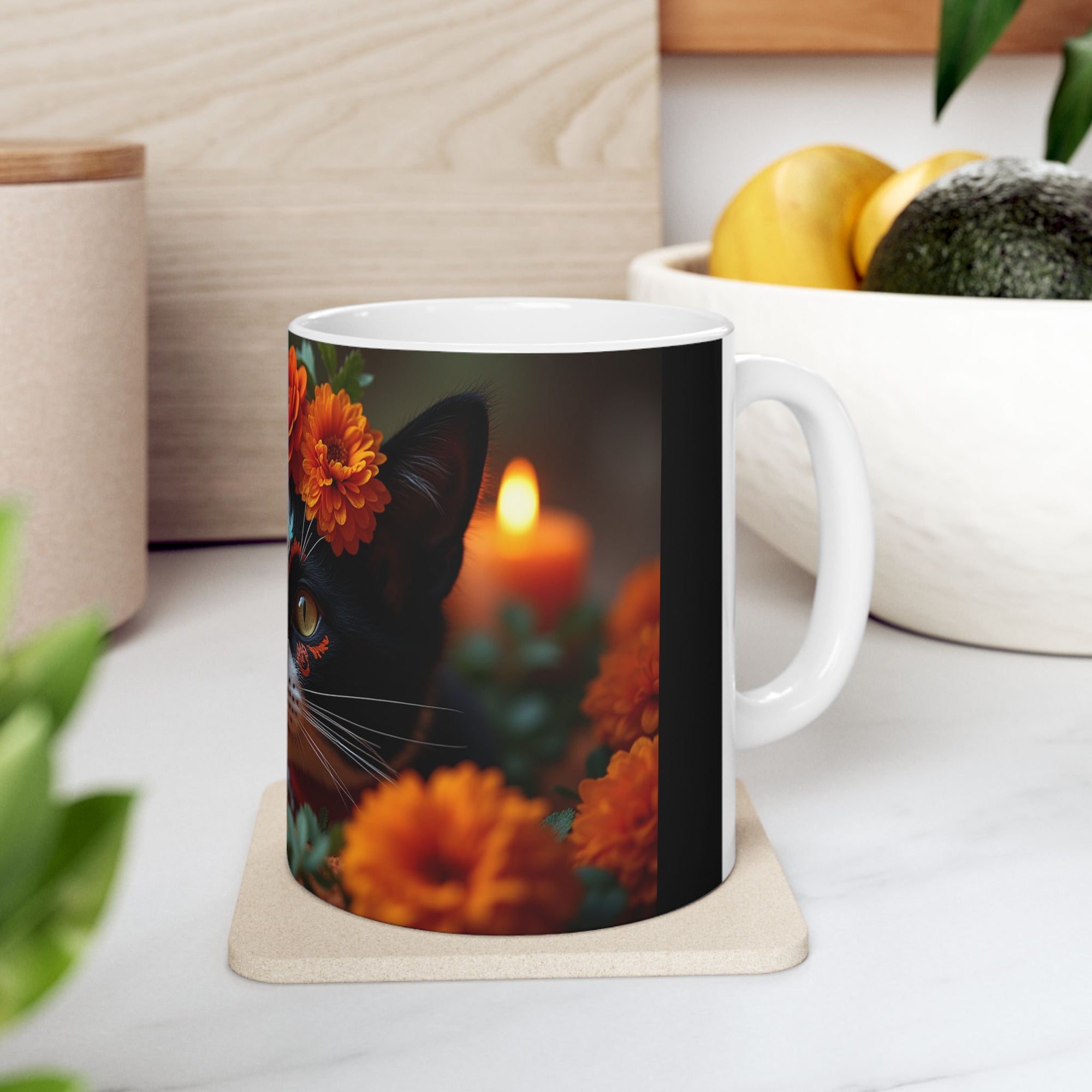 Cat Floral Ceramic Mug, Cute Cat Mug, Gift for Cat Lovers, Coffee Mug, Animal Lover's Gift