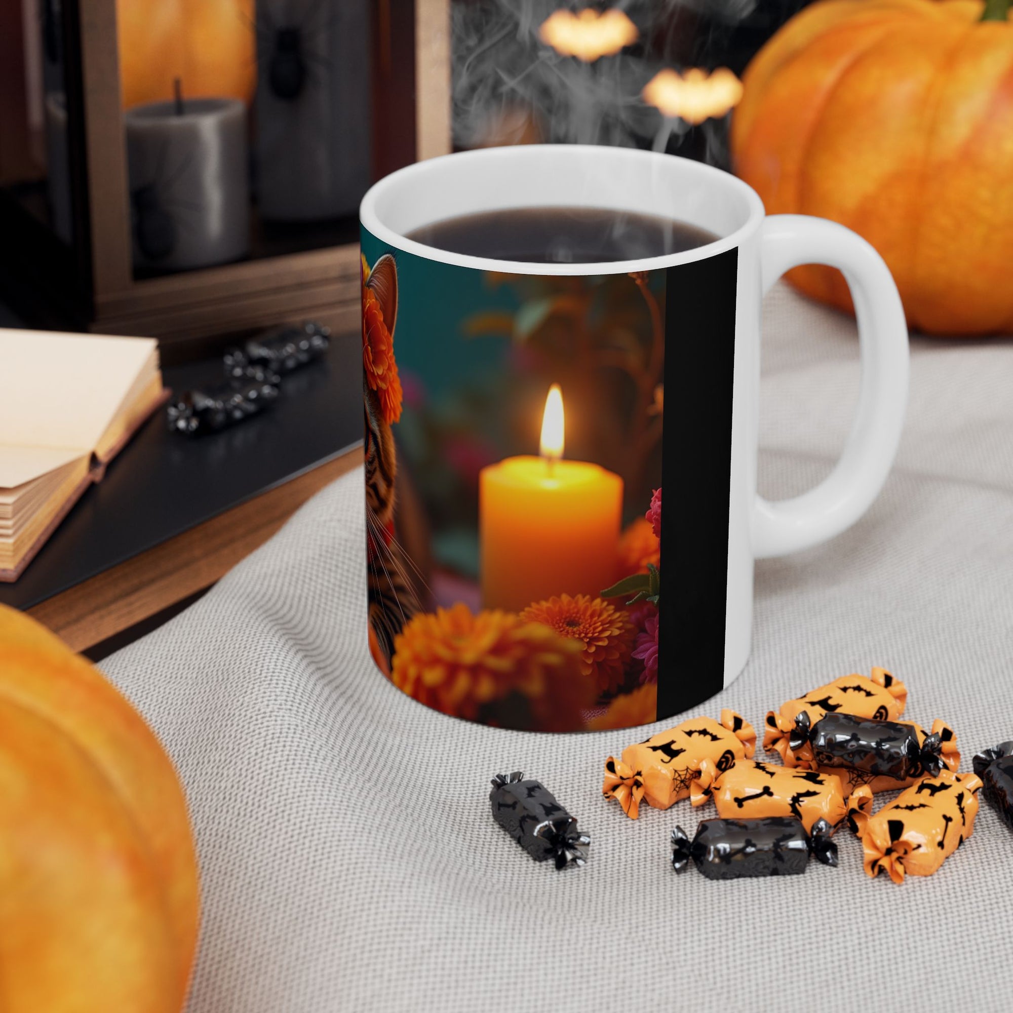 Flower Crown Cat Ceramic Mug - Colorful Cat Design, Unique Gift for Animal Lovers, Home Decor, Cat Mom Present, Coffee Mug, 11oz & 15oz