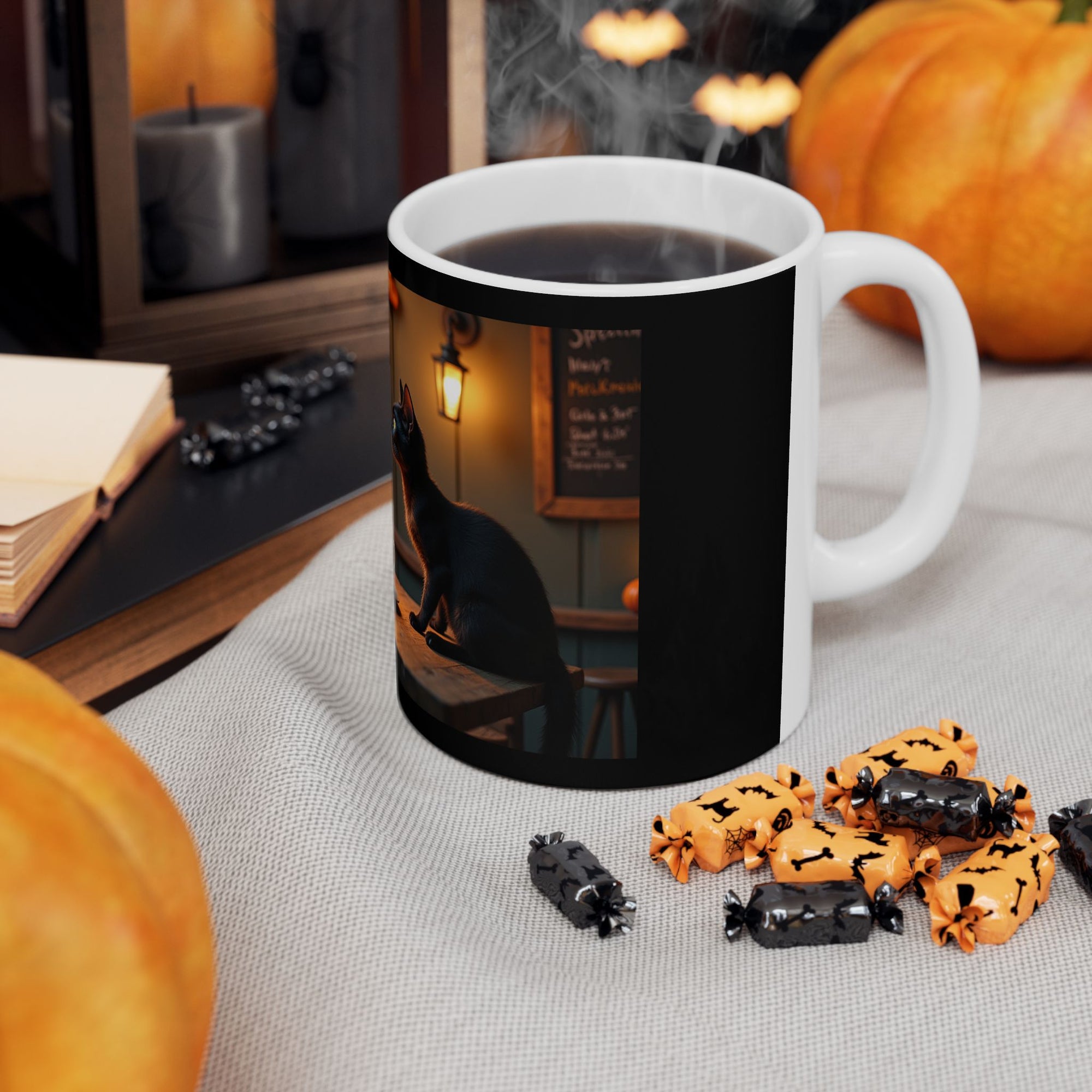 Spooky Skeleton & Cat Mug, Halloween Gift, Cute Ceramic Cup, Cozy Coffee Mug, Gothic Home Decor