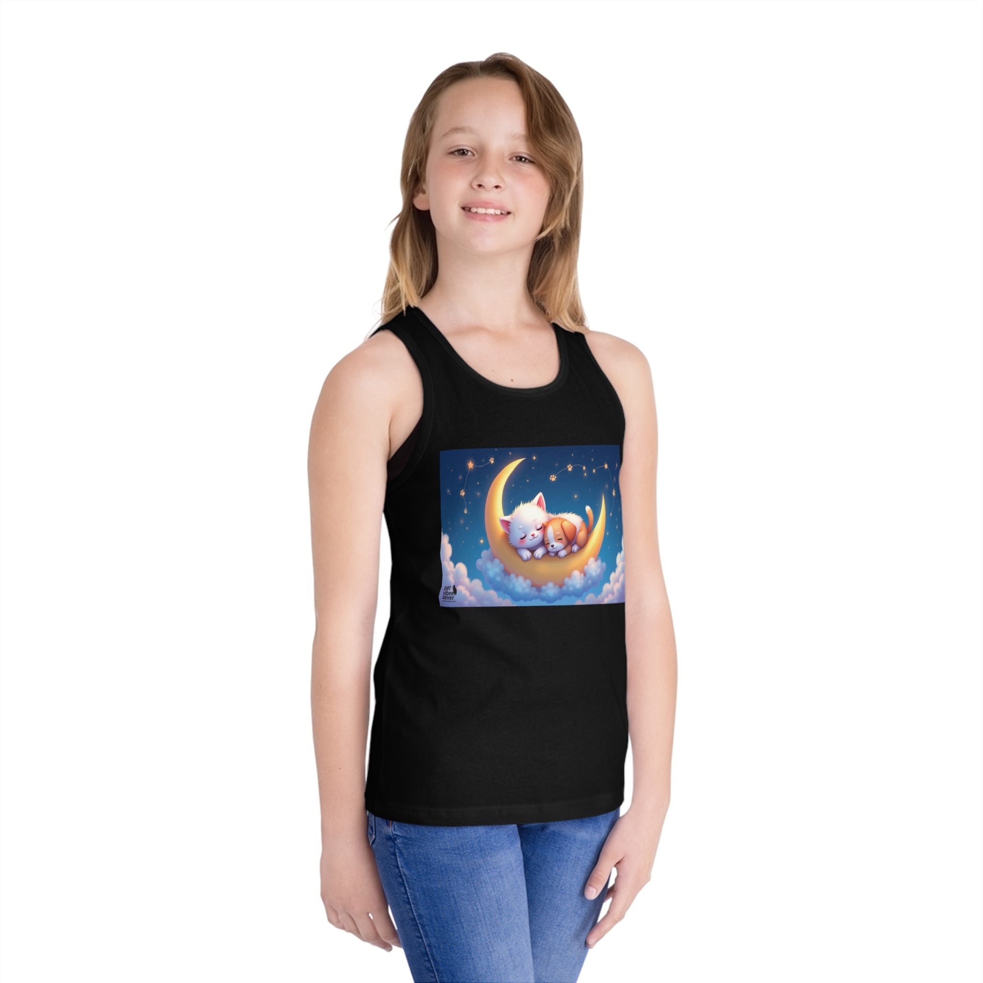 Dreamy Cat Moon Kids Tank Top, Cute Summer Top, Gift for Girls, Sleepover Outfit, Pajama Party Tee, Cat Lovers Clothing
