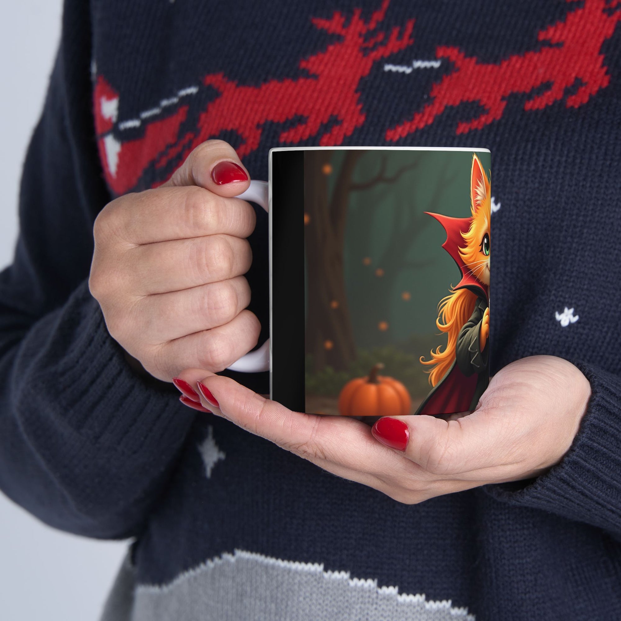 Spooky Cat Ceramic Mug, Halloween Gift, Cute Cat Lover's Mug, Whimsical Coffee Cup, Unique Cat Decor