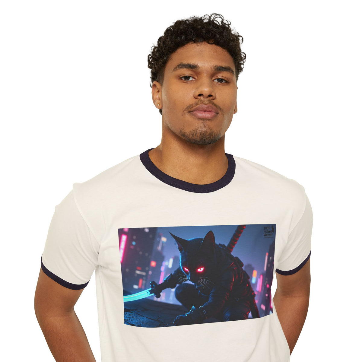 Cyberpunk Cat Unisex Ringer T-Shirt, Futuristic Tee, Cat Lover Gift, Retro Graphic Tee, Unique T-Shirt for Pet Lovers
