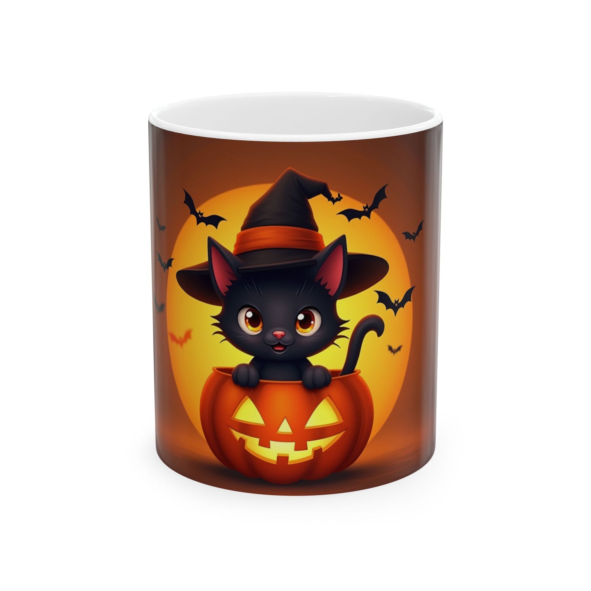 Halloween Cat Ceramic Mug, Cute Black Cat Mug, Pumpkin Mug, Spooky Drinkware, Fall Coffee Cup