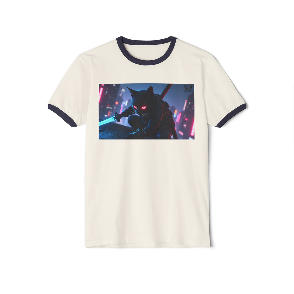 Cyberpunk Cat Unisex Ringer T-Shirt, Futuristic Tee, Cat Lover Gift, Retro Graphic Tee, Unique T-Shirt for Pet Lovers