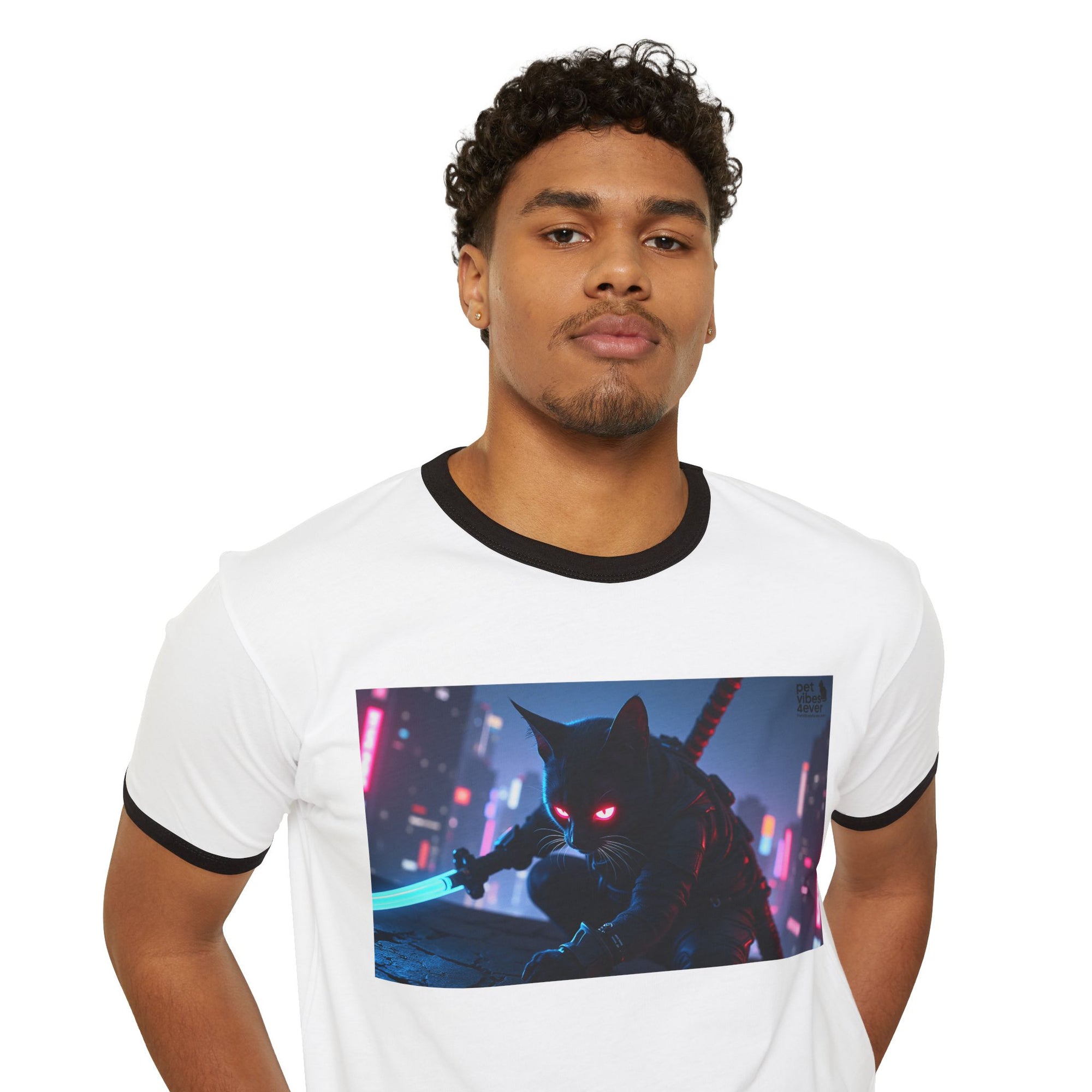 Cyberpunk Cat Unisex Ringer T-Shirt, Futuristic Tee, Cat Lover Gift, Retro Graphic Tee, Unique T-Shirt for Pet Lovers