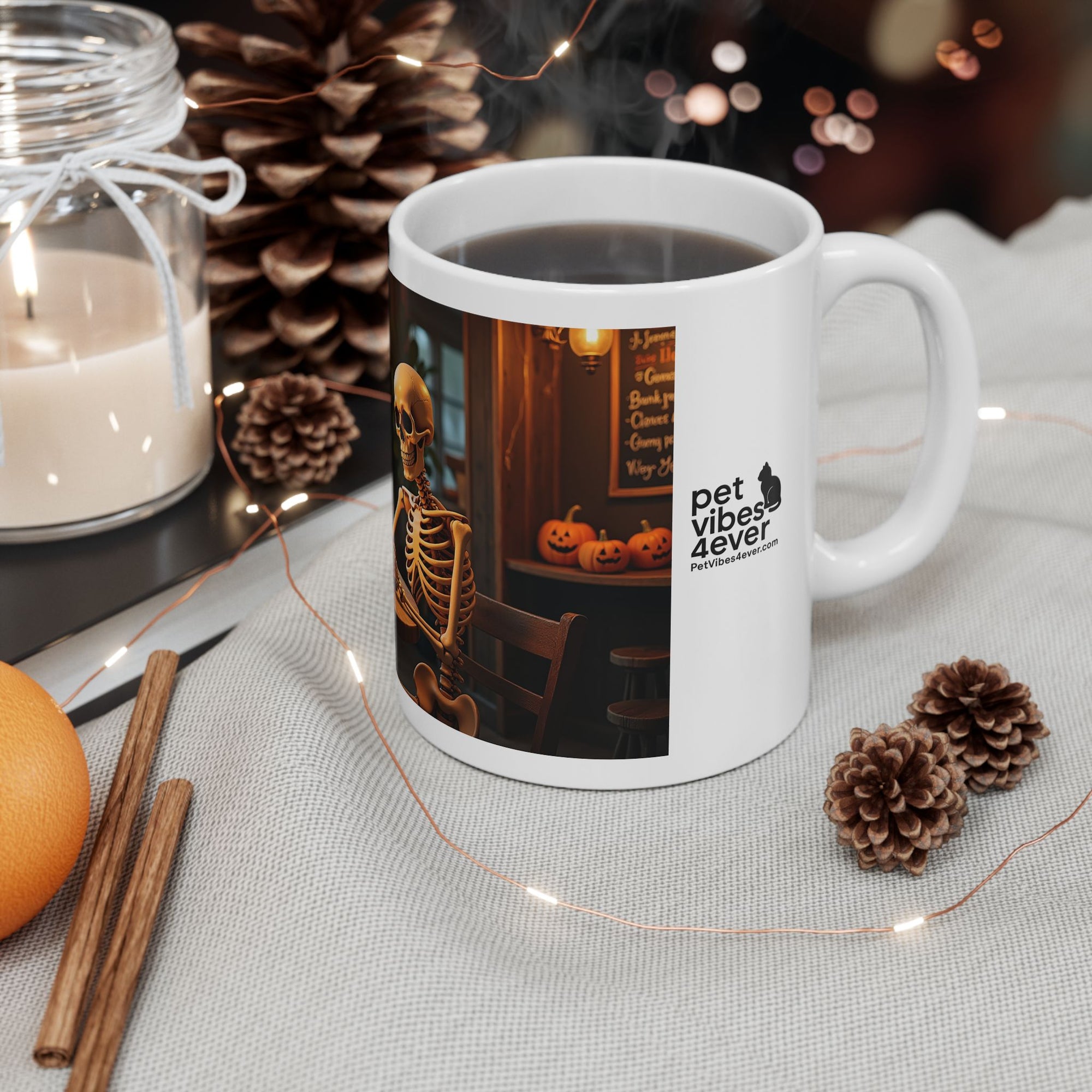 Whimsical Skeleton Cat Mug: Cozy Coffee Cup, Halloween Decor, Gift for Cat Lovers, Unique Kitchenware