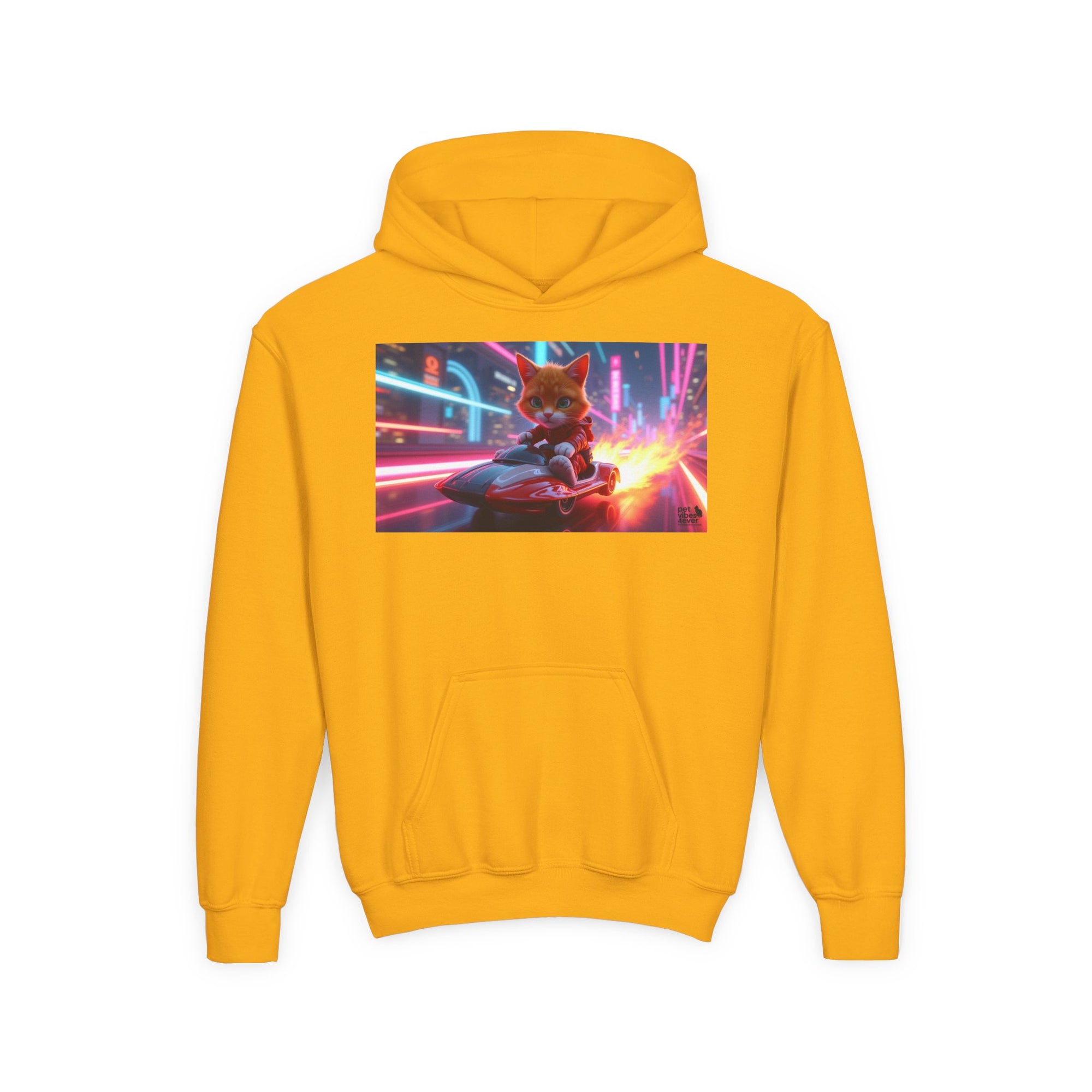 Youth Heavy Blend Hooded Sweatshirt with Cool Cat Design, Perfect for Comics Lovers, Gaming Gear, Birthday Gifts, Casual Wear, Holidays