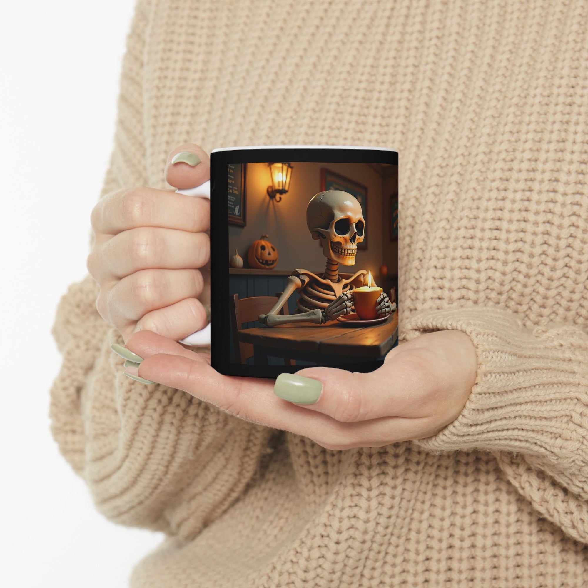 Skeleton & Cat Coffee Mug, Unique Gift for Cat Lovers, Halloween Decor, Fun Kitchenware, Tea Lover's Gift