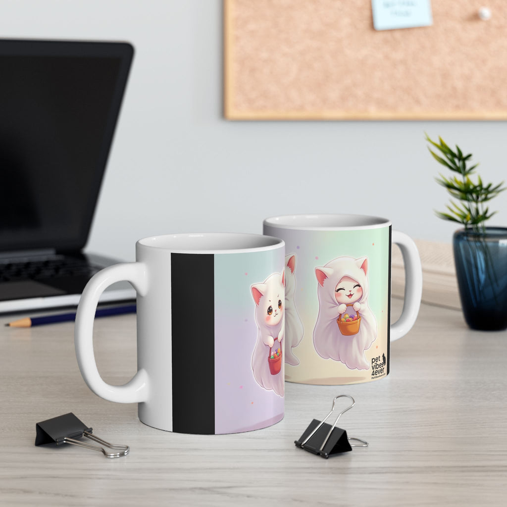 Adorable Ghost Cat Ceramic Mug - Perfect for Halloween, Cozy Vibes, Cat Lovers, Cute Gifts, Coffee/Tea Mug