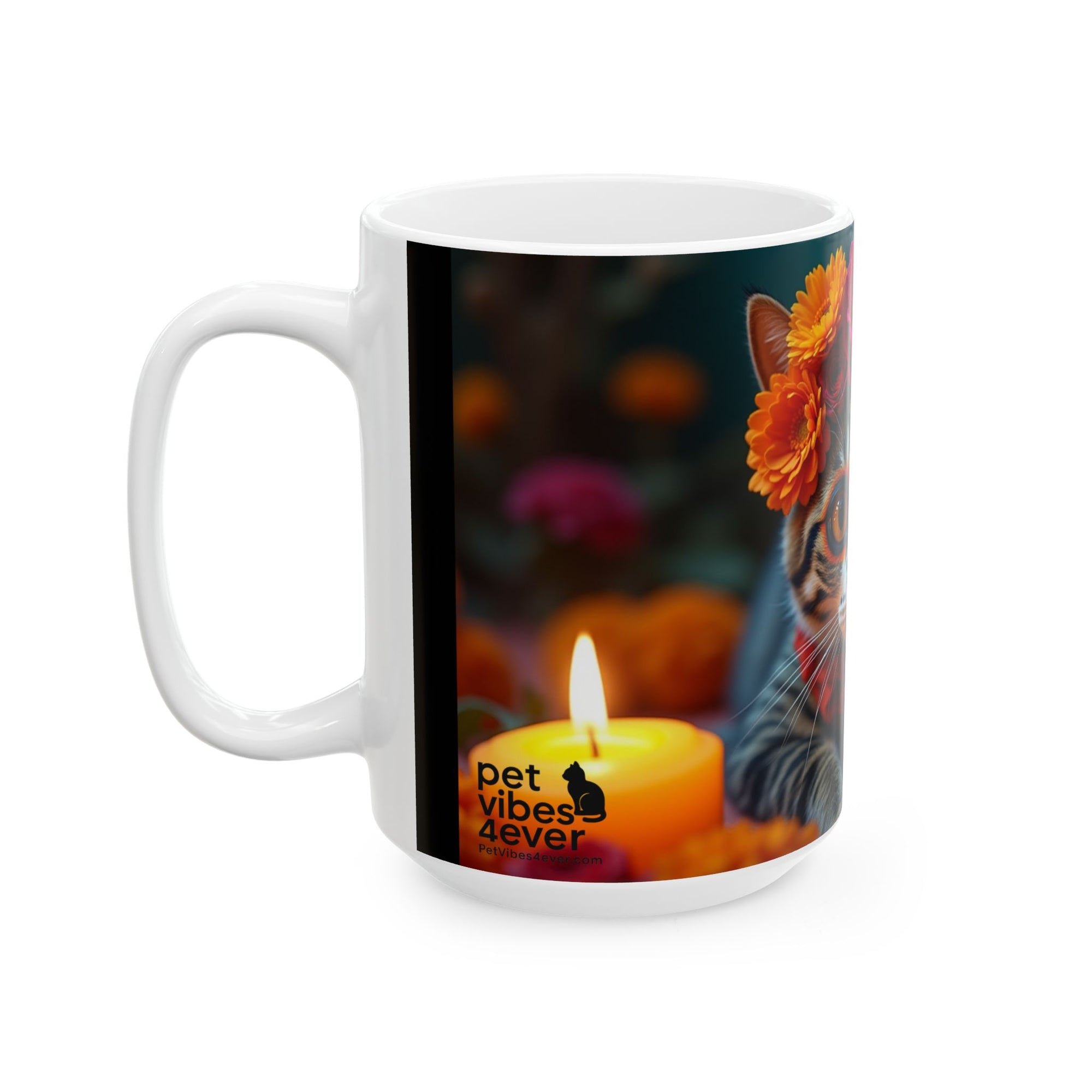 Flower Crown Cat Ceramic Mug - Colorful Cat Design, Unique Gift for Animal Lovers, Home Decor, Cat Mom Present, Coffee Mug, 11oz & 15oz
