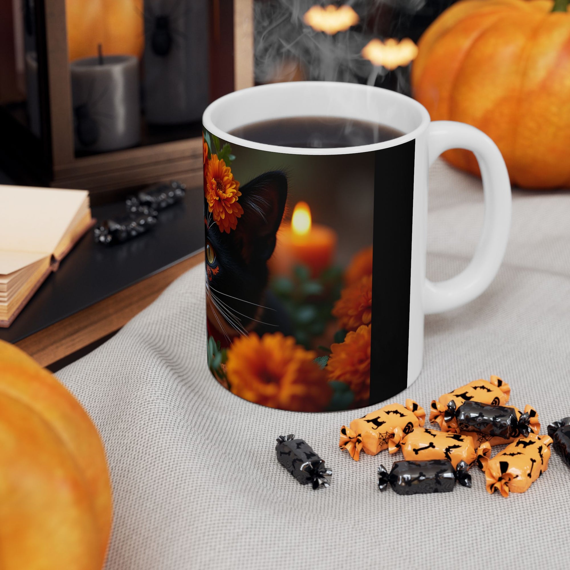 Cat Floral Ceramic Mug, Cute Cat Mug, Gift for Cat Lovers, Coffee Mug, Animal Lover's Gift